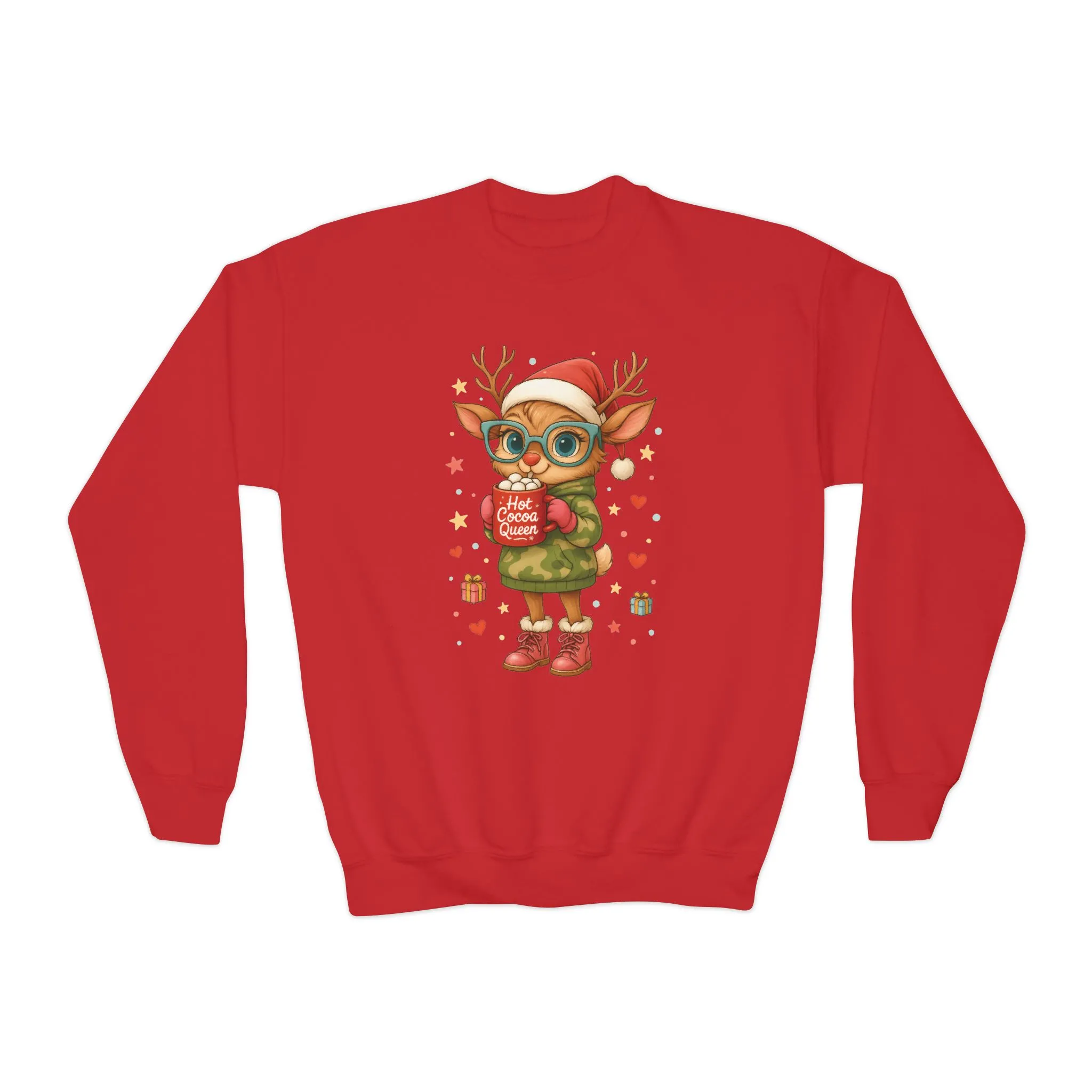 Hot Cocoa Queen Christmas Sweatshirt for Girls, Cute Holiday Reindeer Jumper - Image 2