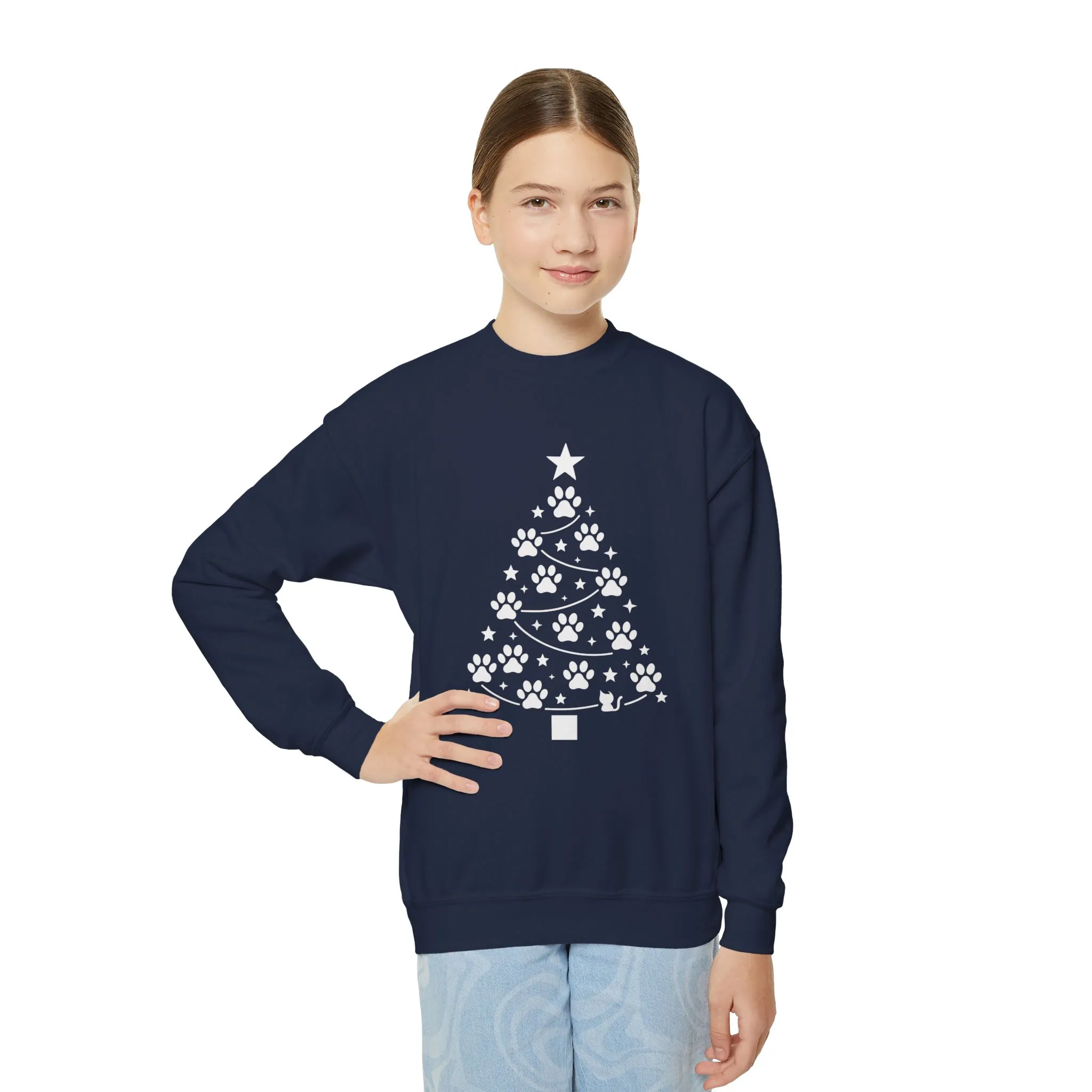 Paw Christmas Tree Girls Youth Sweatshirt, Cute Pet Lover Holiday Sweater - Image 12