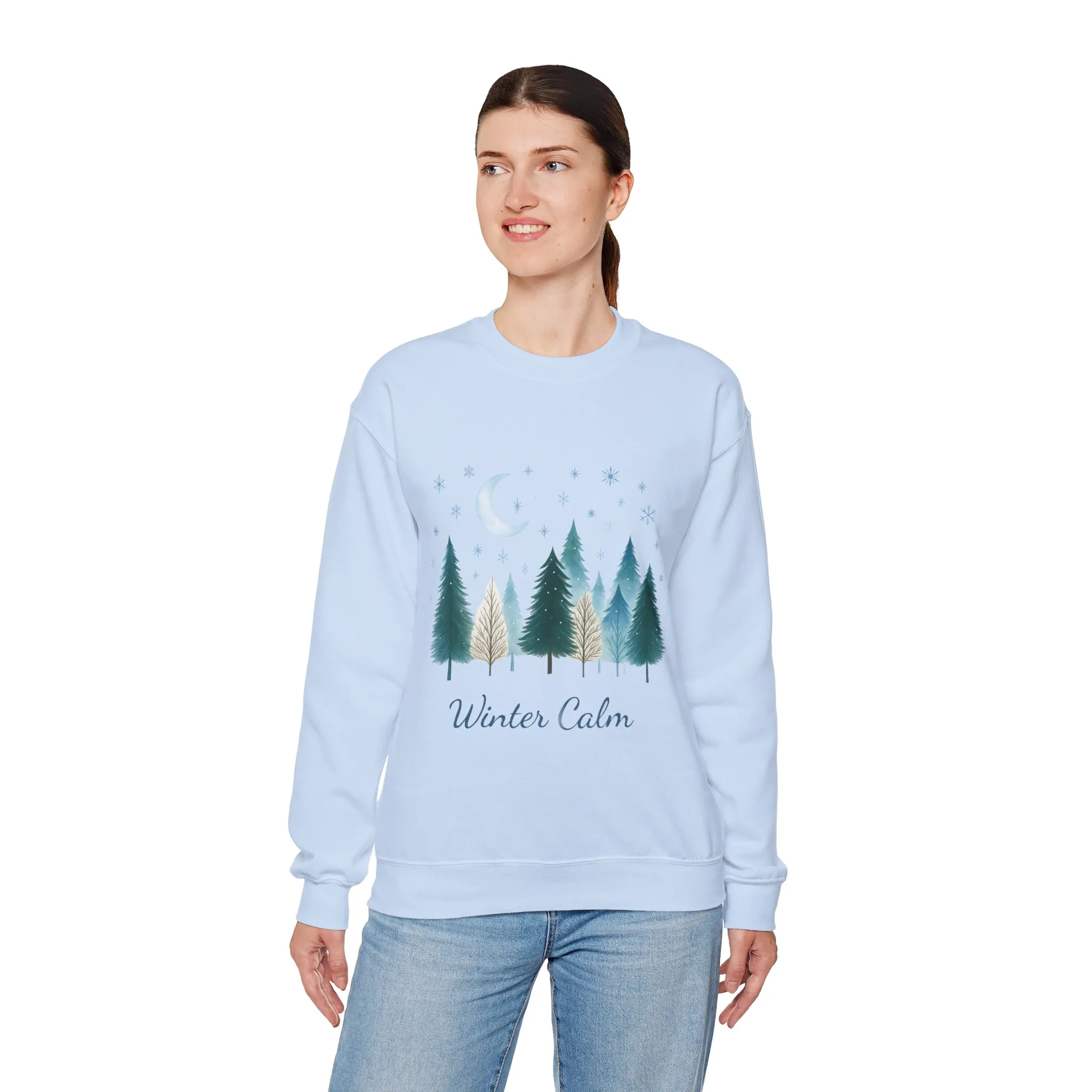 Winter Calm Sweatshirt, Minimalist Christmas Forest Pullover, Serene Winter Moon Scene Sweater for Women - Image 12
