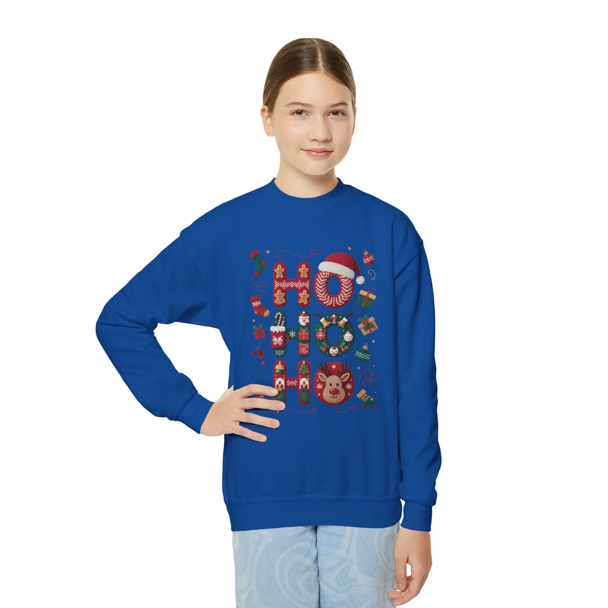 Ho Ho Ho Kids Christmas Sweatshirt, Cute Girls Holiday Outfit, Reindeer, Gingerbread - Santa Hat Design, Cozy Winter Youth Crewneck - Image 10