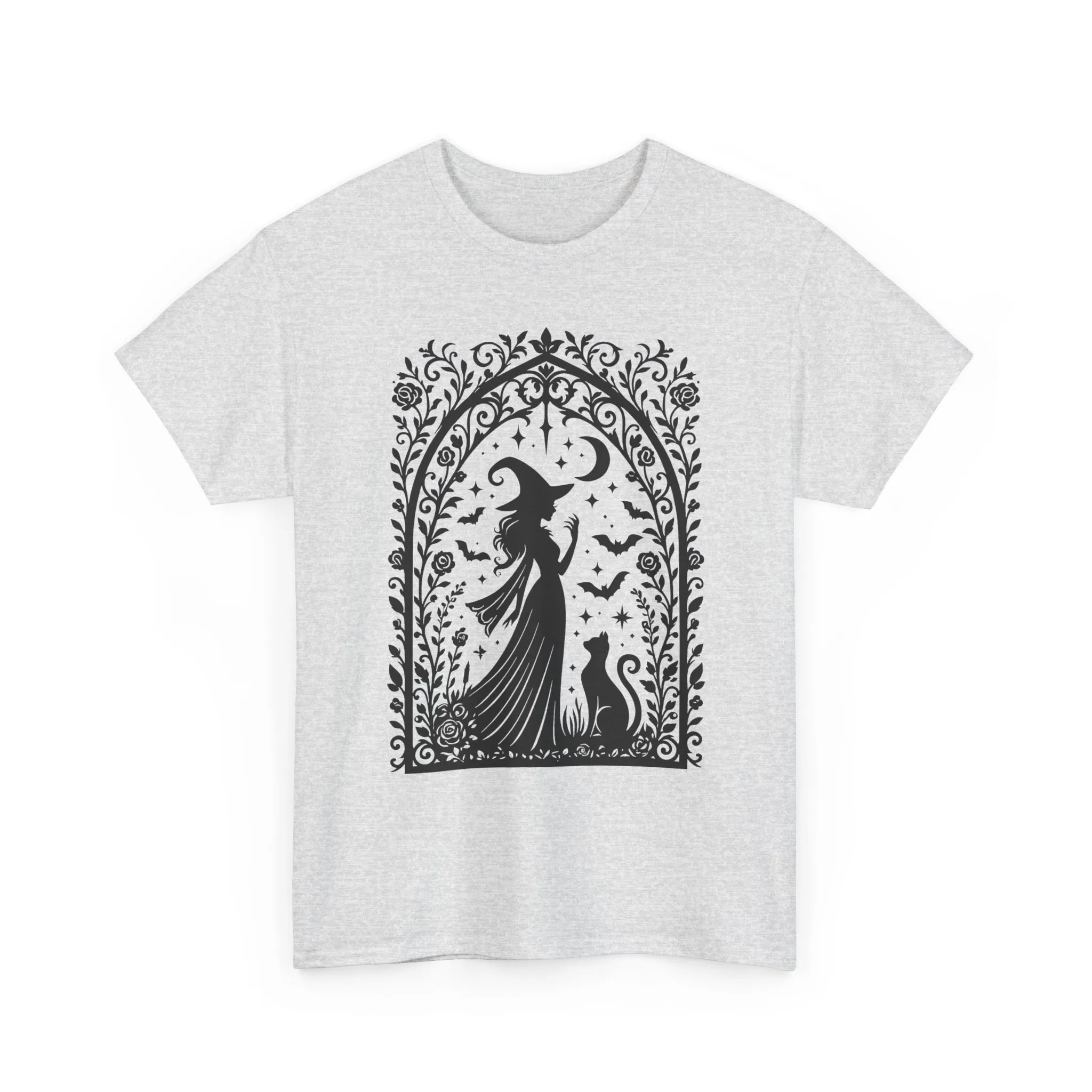 Gothic Witch & Cat Women's T-Shirt, Elegant Halloween Moon Silhouette Witchy Graphic Tee - Image 4