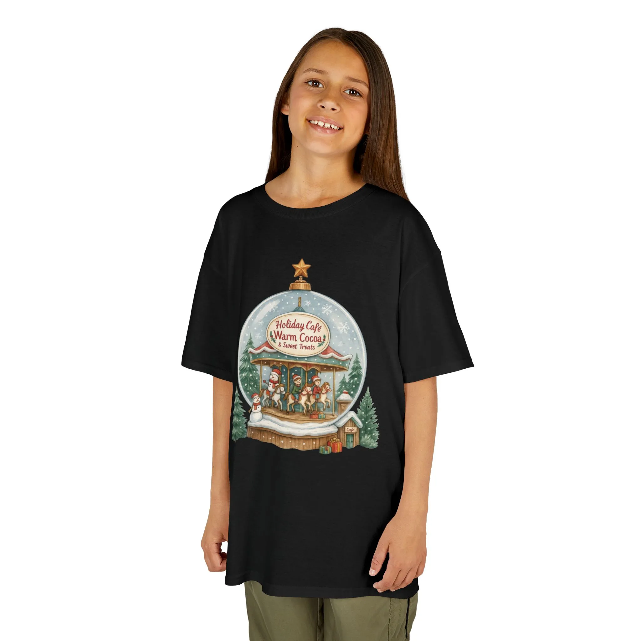 Youth Holiday Café Christmas T-Shirt, Warm Cocoa Carousel Kids Tee - Image 6