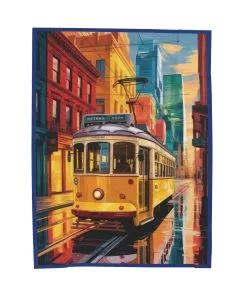 Retro City Tramway Velveteen Plush Blanket, Vintage Streetcar Art Throw Blanket, Colorful Urban Decor Gift, Cozy Retro Home Blanket