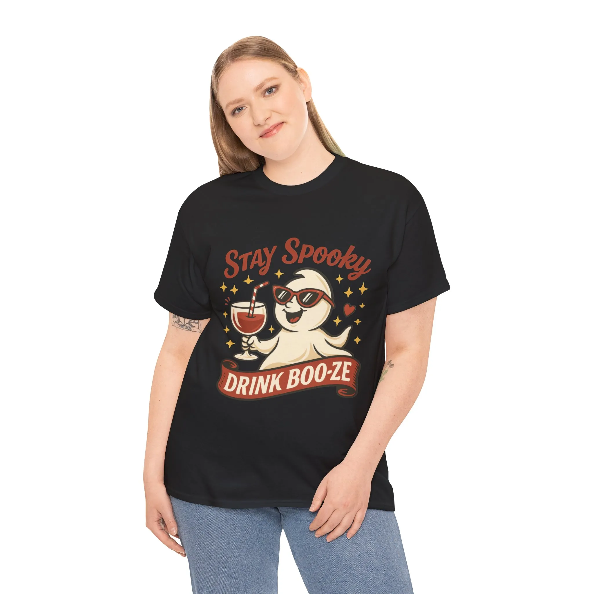 Stay Spooky Drink Boo-ze Women's T-Shirt, Funny Ghost Wine Halloween Party Graphic Tee - Image 3