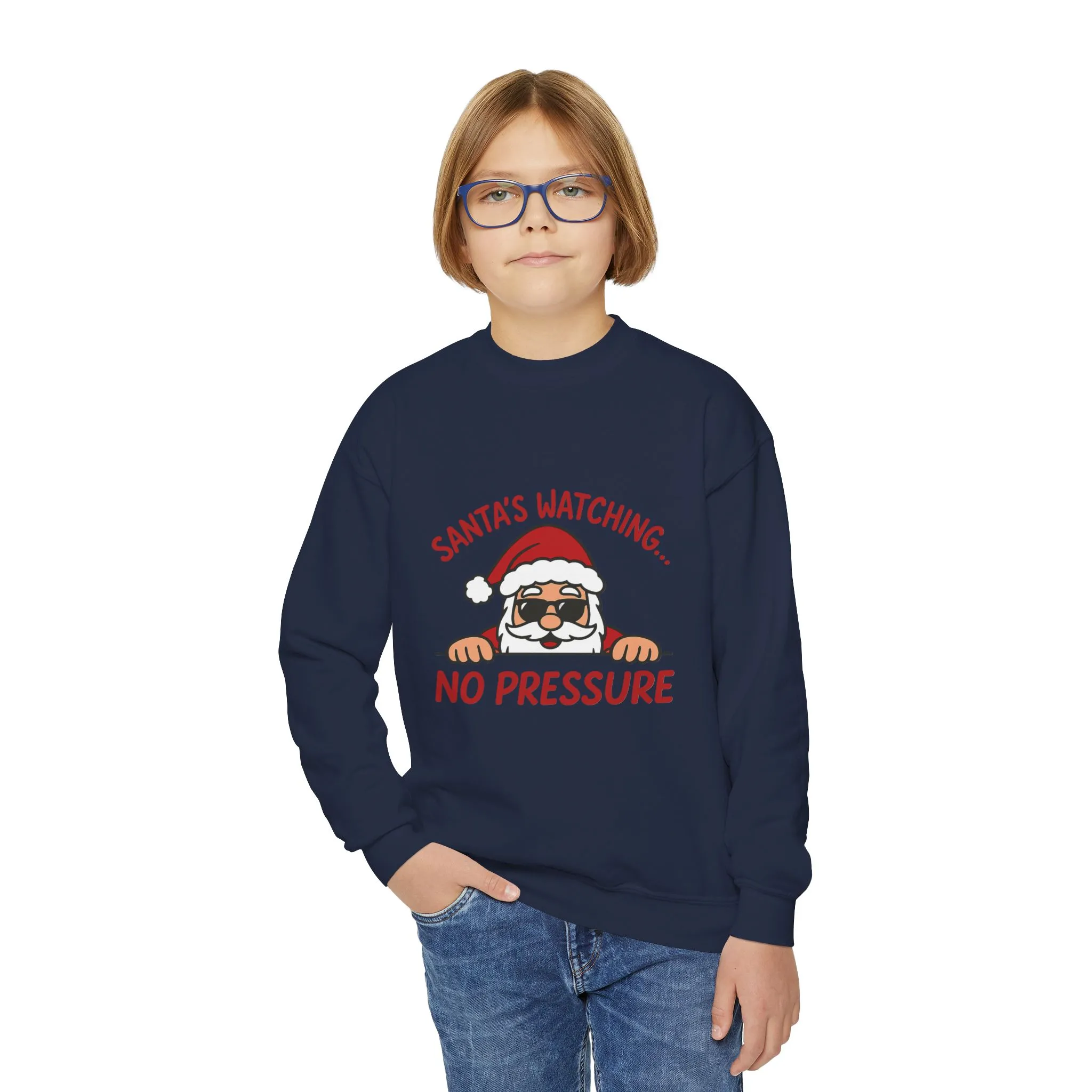 Santa's Watching No Pressure Kids Christmas Sweatshirt, Funny Holiday Jumper for Youth - Image 17