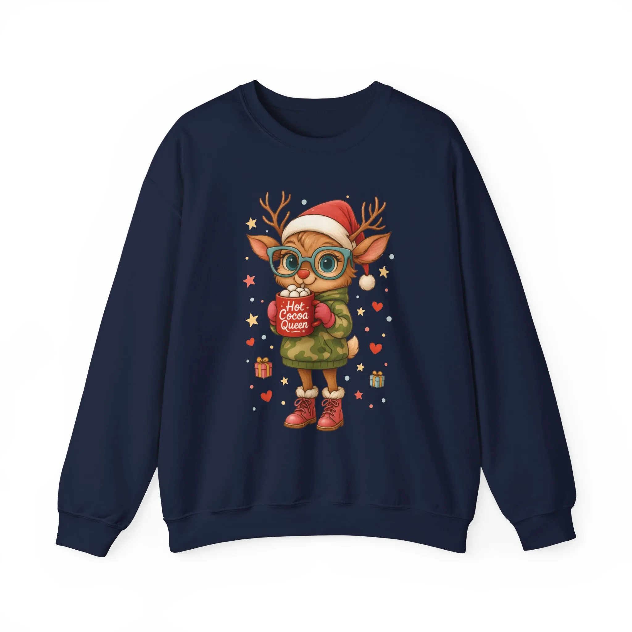 Hot Cocoa Queen Christmas Women's Sweatshirt, Cute Cozy Holiday Reindeer Pullover - Image 2