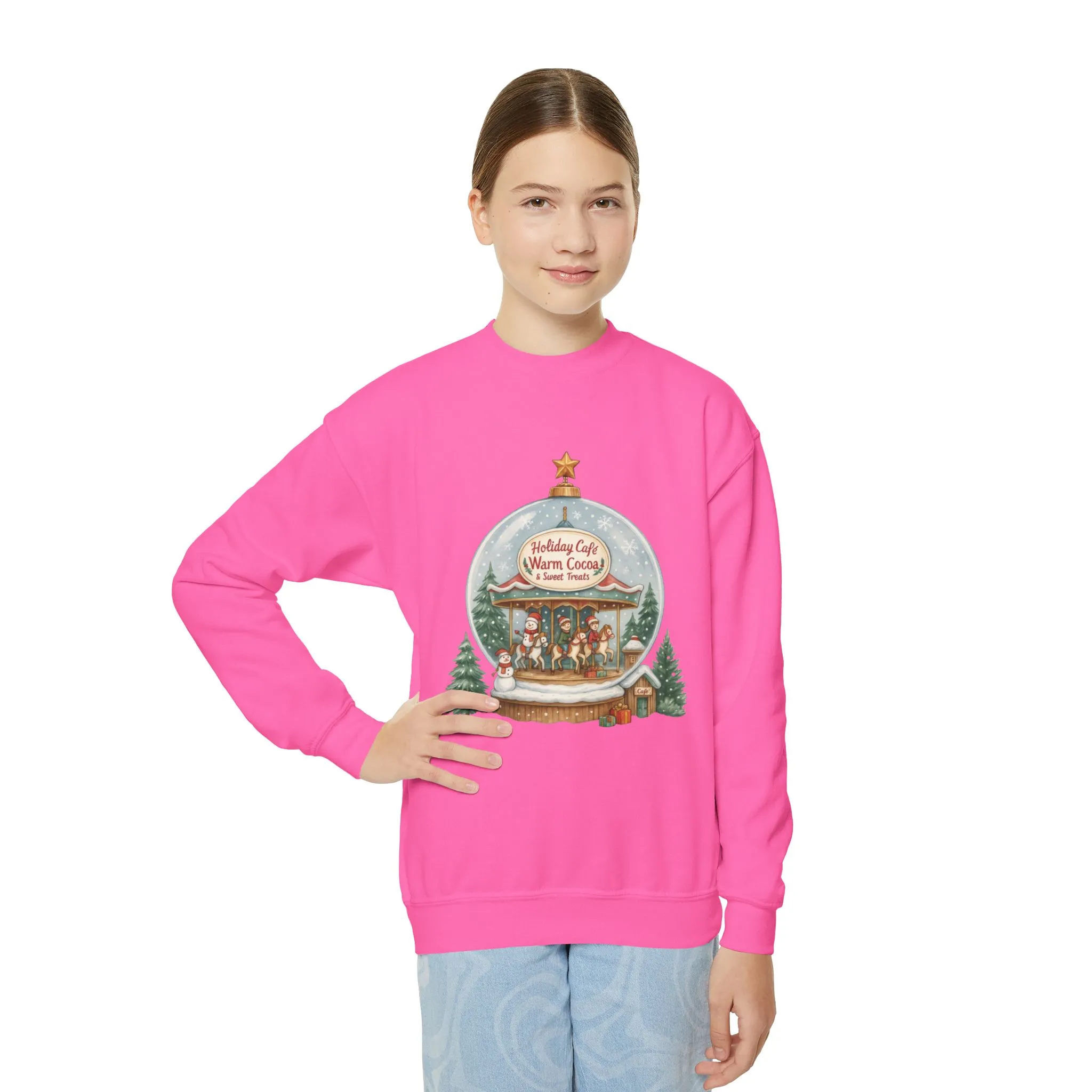Youth Holiday Café Christmas Sweatshirt, Warm Cocoa Snow Globe Jumper - Image 14