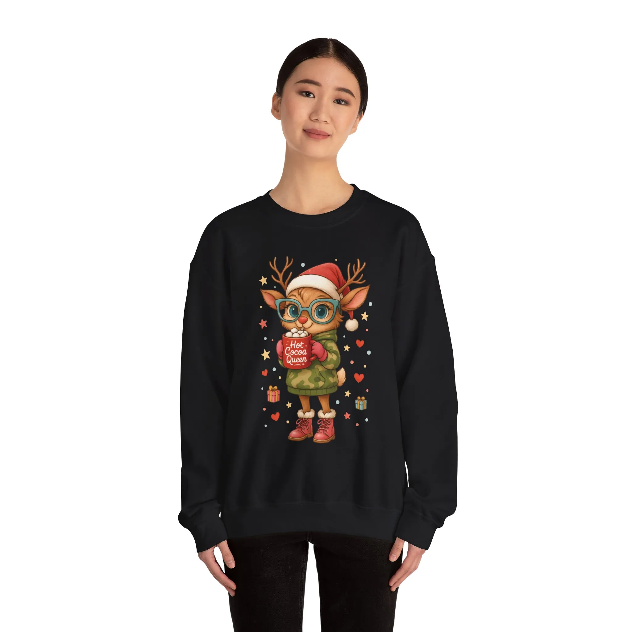 Hot Cocoa Queen Christmas Women's Sweatshirt, Cute Cozy Holiday Reindeer Pullover - Image 5