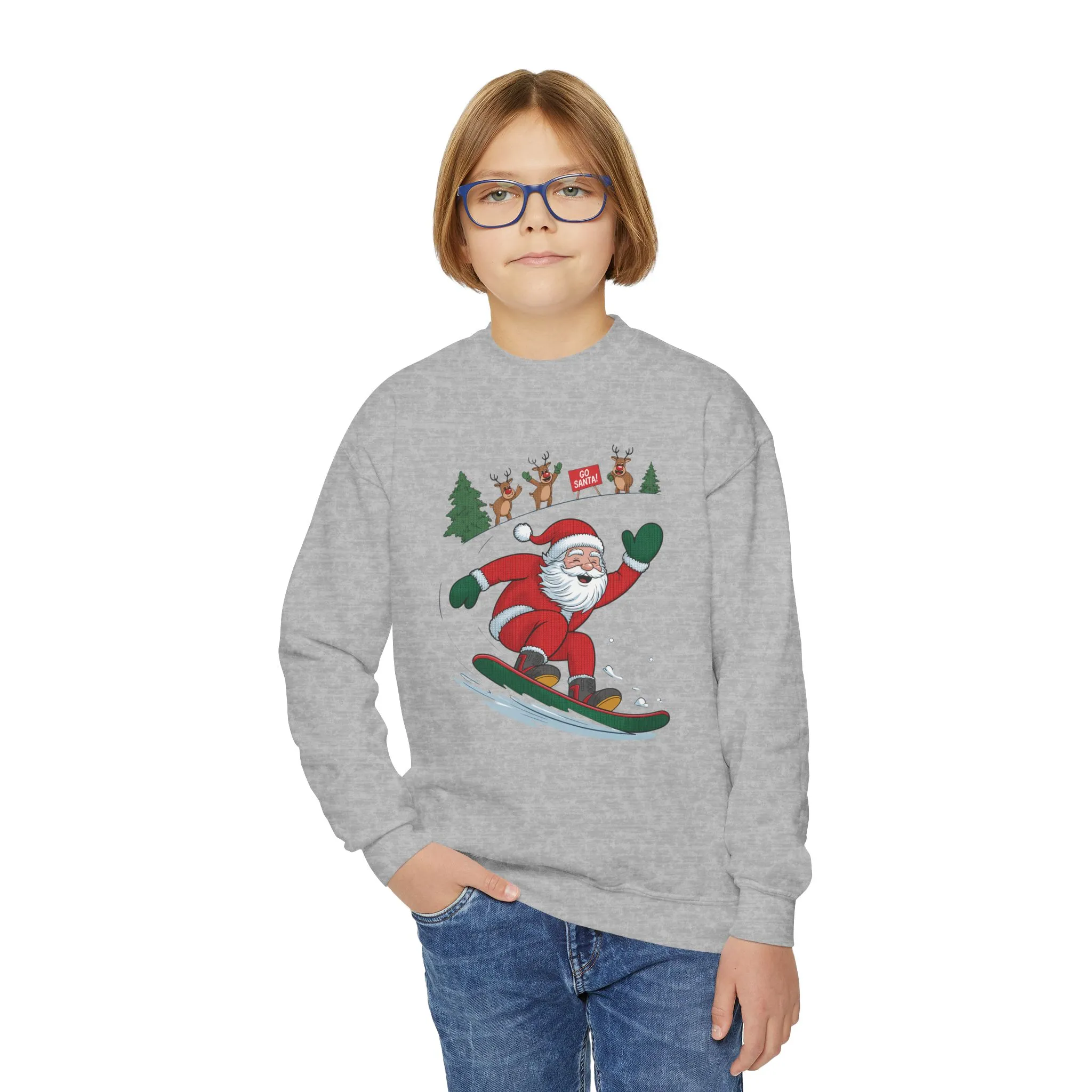 Go Santa Snowboarding Christmas Sweatshirt, Funny Santa - Reindeer Holiday Jumper for Kids, Cute Winter Sports Christmas Youth Sweatshirt - Image 8