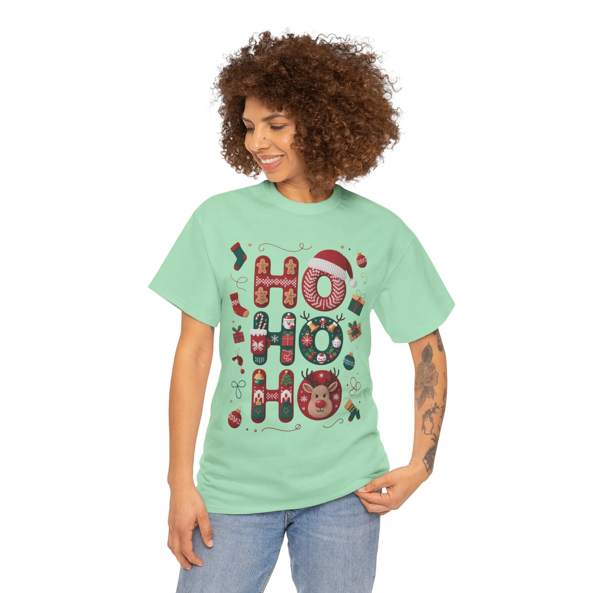 Ho Ho Ho Women's Christmas T-Shirt - Sweatshirt, Cute Festive Holiday Top, Gingerbread, Reindeer - Santa Hat Design, Cozy Christmas Fashion - Image 14