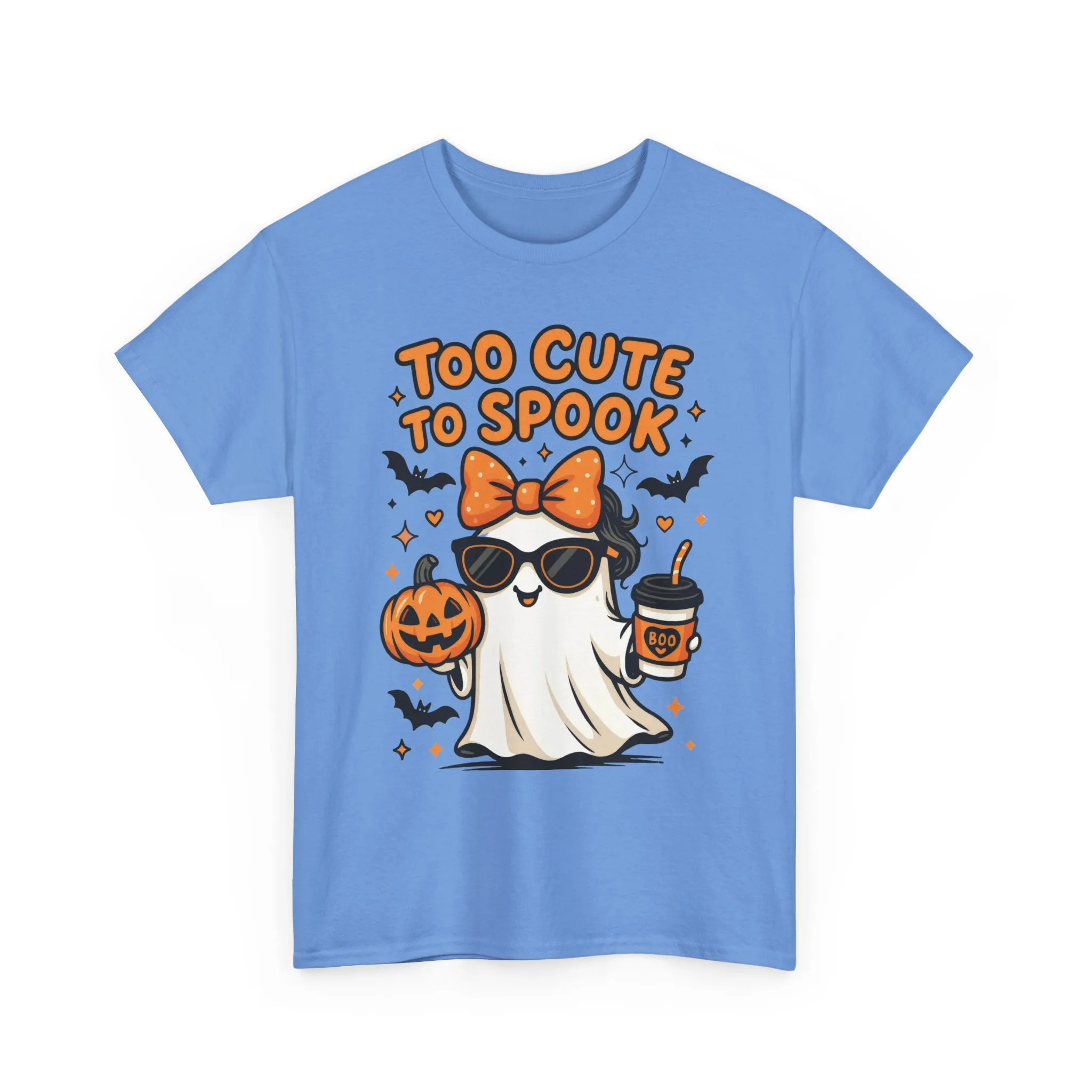 Too Cute To Spook Women's T-Shirt, Cute Ghost Pumpkin Coffee Halloween Graphic Tee - Image 2