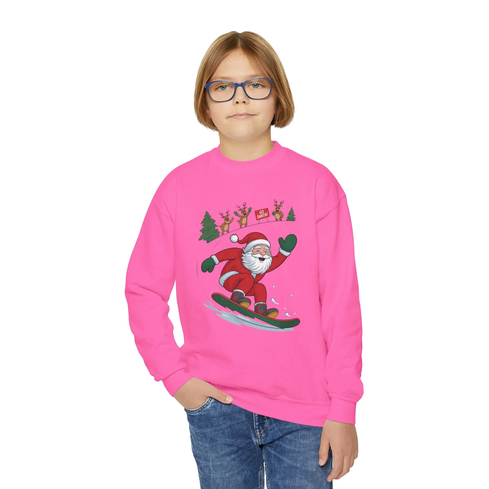 Go Santa Snowboarding Christmas Sweatshirt, Funny Santa - Reindeer Holiday Jumper for Kids, Cute Winter Sports Christmas Youth Sweatshirt - Image 17