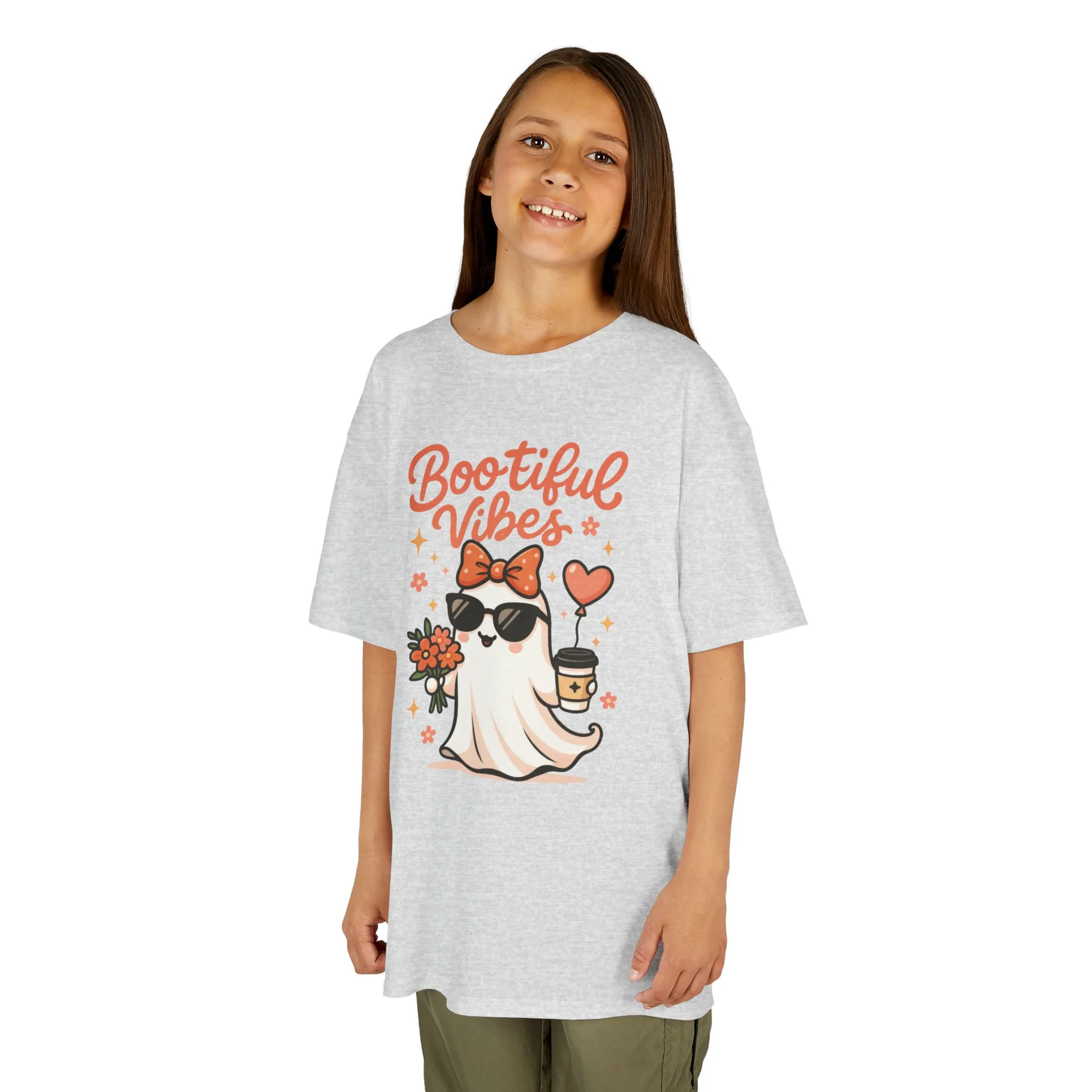 Girls Halloween Ghost T-Shirt, Cute Bootiful Vibes Tee for Kids, Fun Spooky Season Shirt, Tween Girl Outfit Gift, Kids Heavy Cotton™ Tee - Image 6
