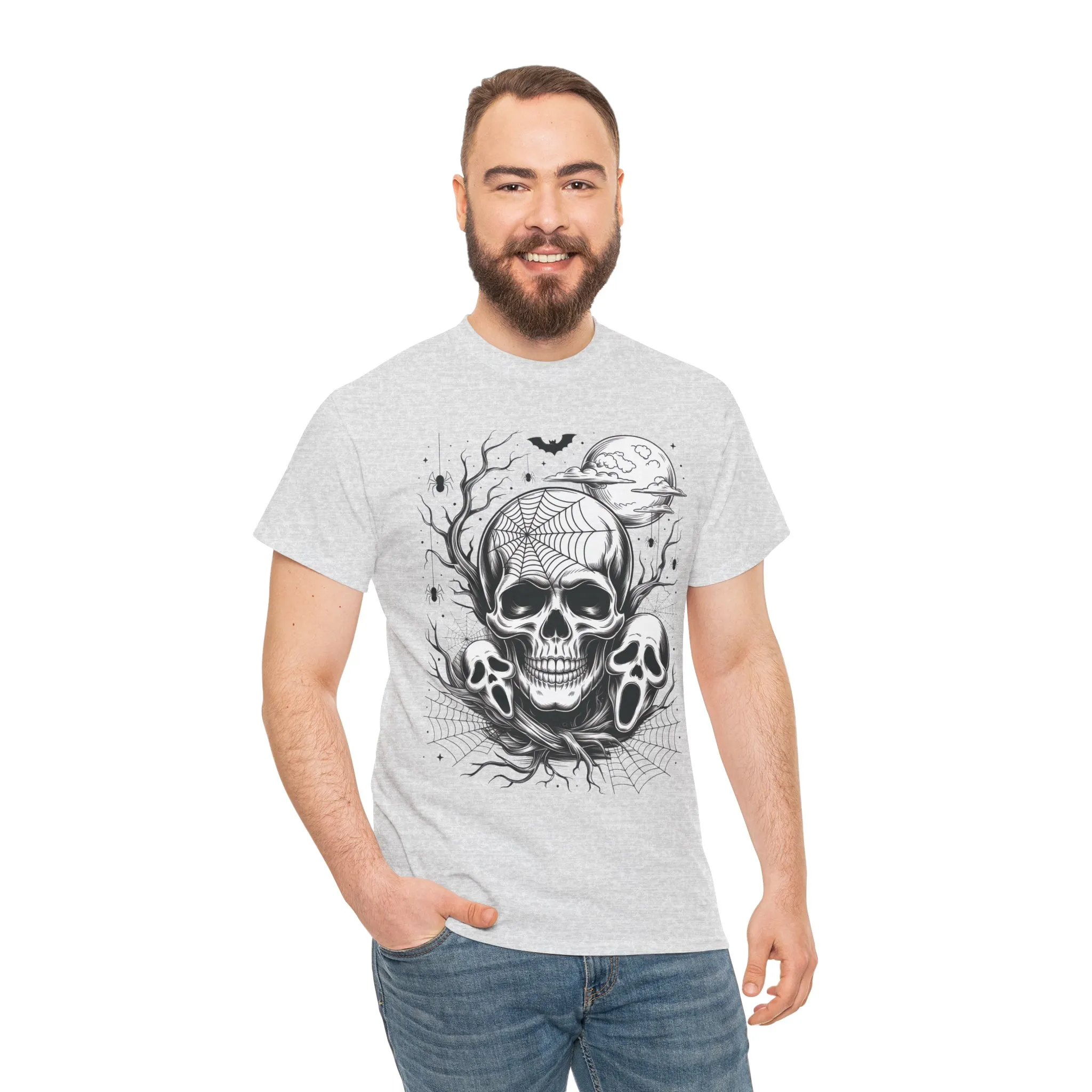 Men's Gothic Skull T-Shirt, Halloween Graphic Tee, Spider Web Moon Horror Shirt, Spooky Skull Graphic Top for Him