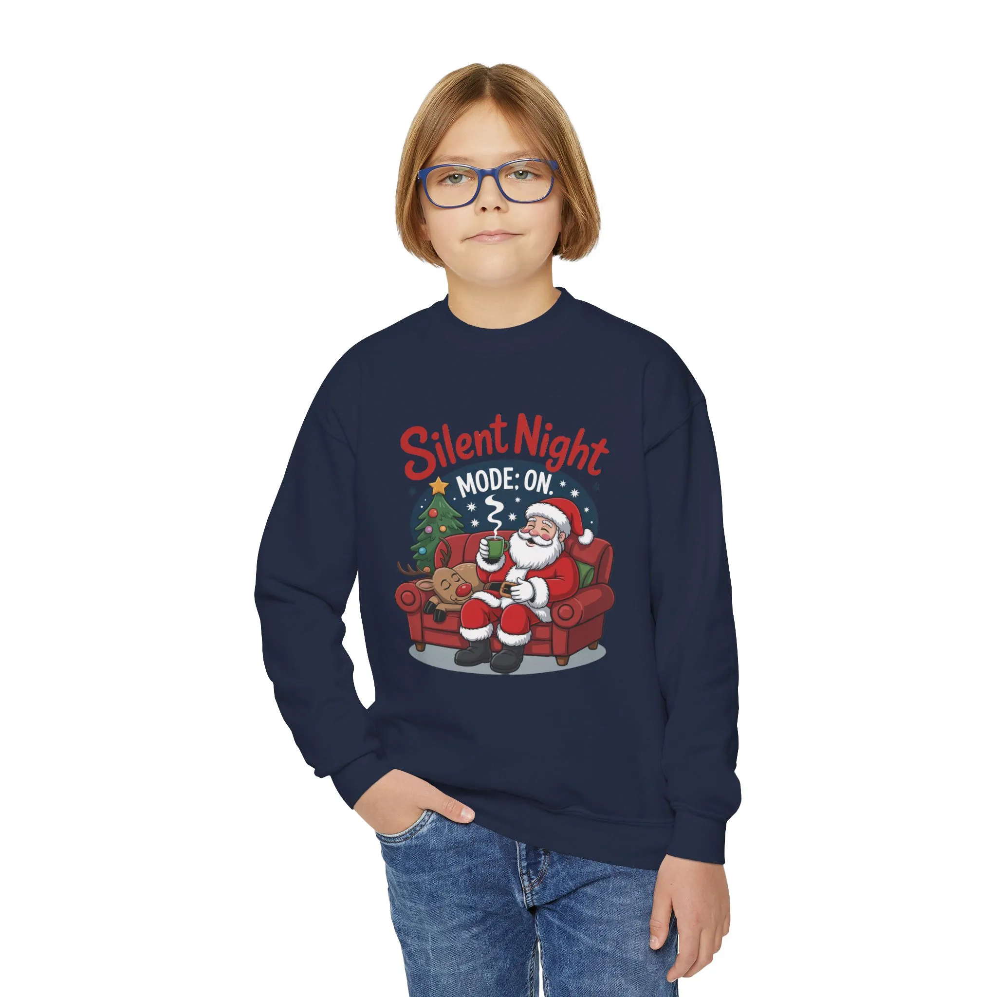 Kids Silent Night Mode On Christmas Sweatshirt, Cute Santa - Reindeer Holiday Jumper, Funny Cozy Christmas Sweater for Youth - Image 2