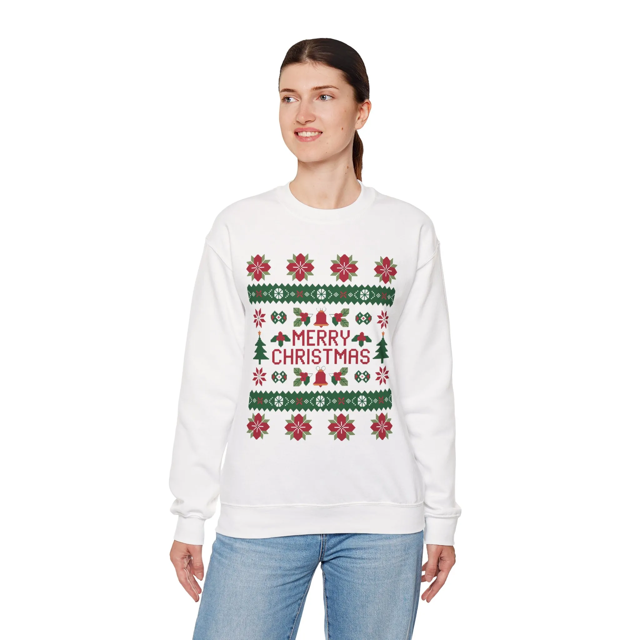 Merry Christmas Women's Sweatshirt, Cozy Ugly Sweater Look Pullover, Festive Knit Style Jumper - Image 6