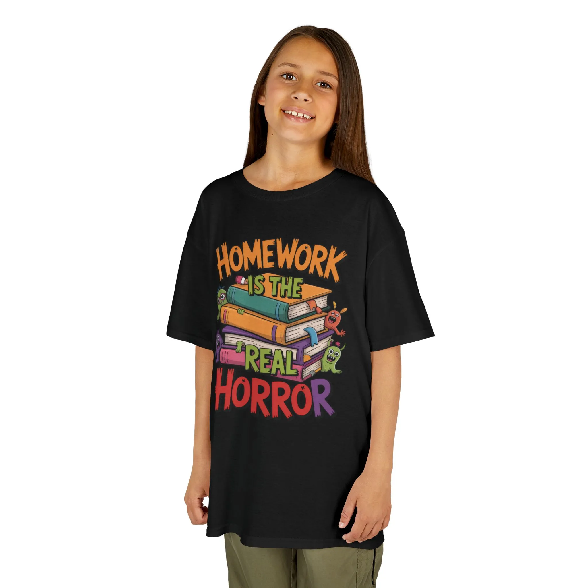 Kids Funny Homework Tee, Cute Monster School Shirt, Homework Is the Real Horror, Back to School Gift for Boys & Girls, Kids Halloween Tee - Image 8