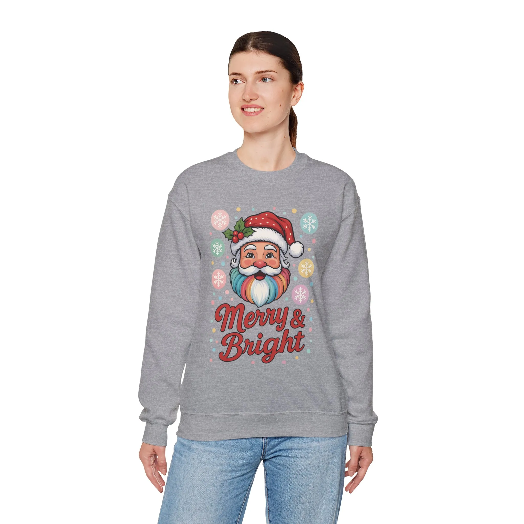 Merry - Bright Santa Christmas Sweatshirt, Retro Pastel Holiday Jumper, Cute Santa Sweater for Women - Image 9