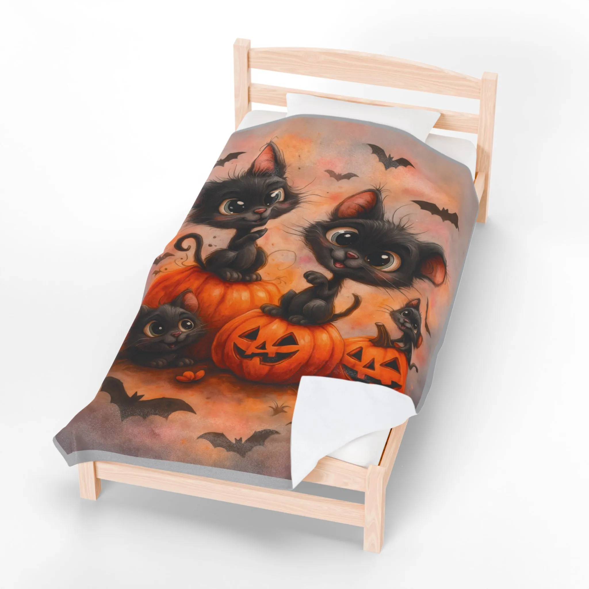Cute Black Cats and Pumpkins Halloween Velveteen Plush Blanket, Cozy Fall Throw, Soft Cat Lover Gift, Kawaii Halloween Decor - Image 5