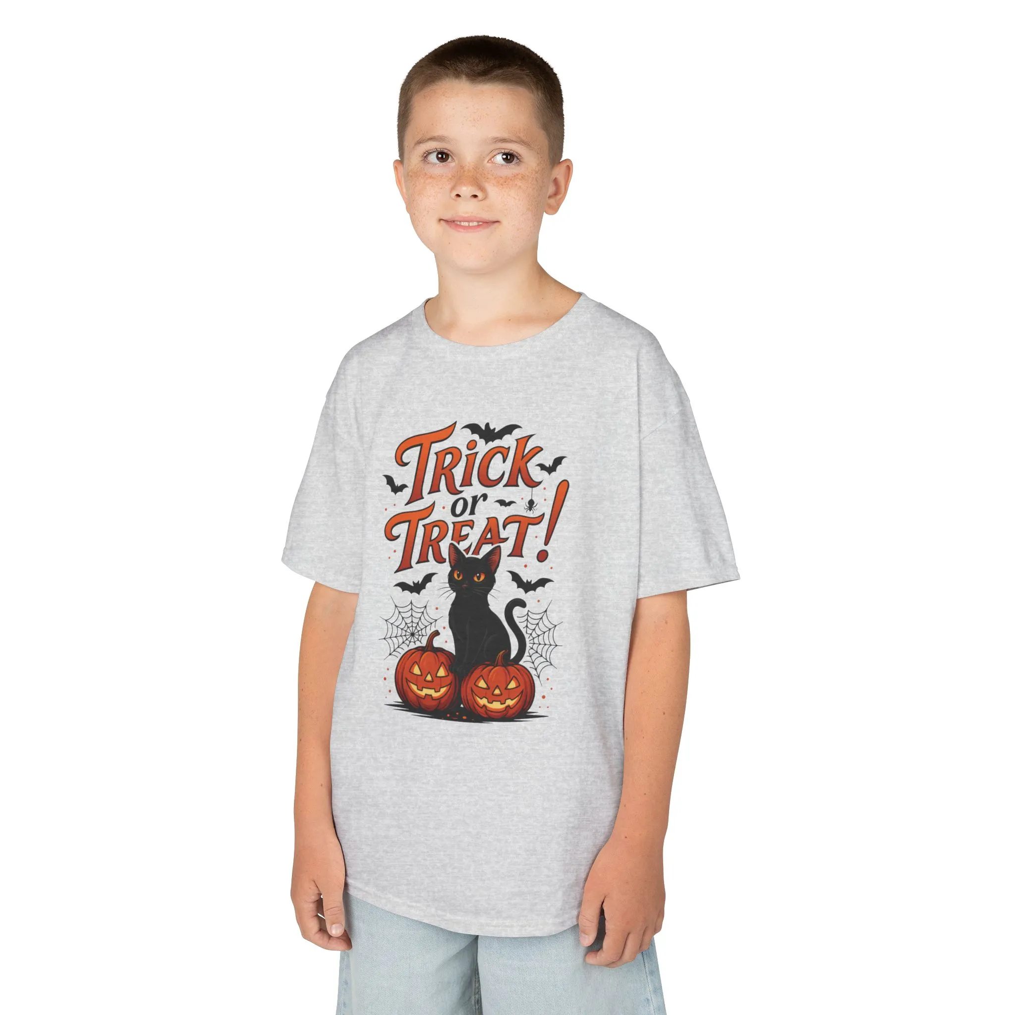 Cute Trick or Treat Black Cat T-Shirt for Girls Boys, Fun Spooky Halloween Tee, Pumpkin Cat Shirt for Kids, Fall Party Outfit - Image 9