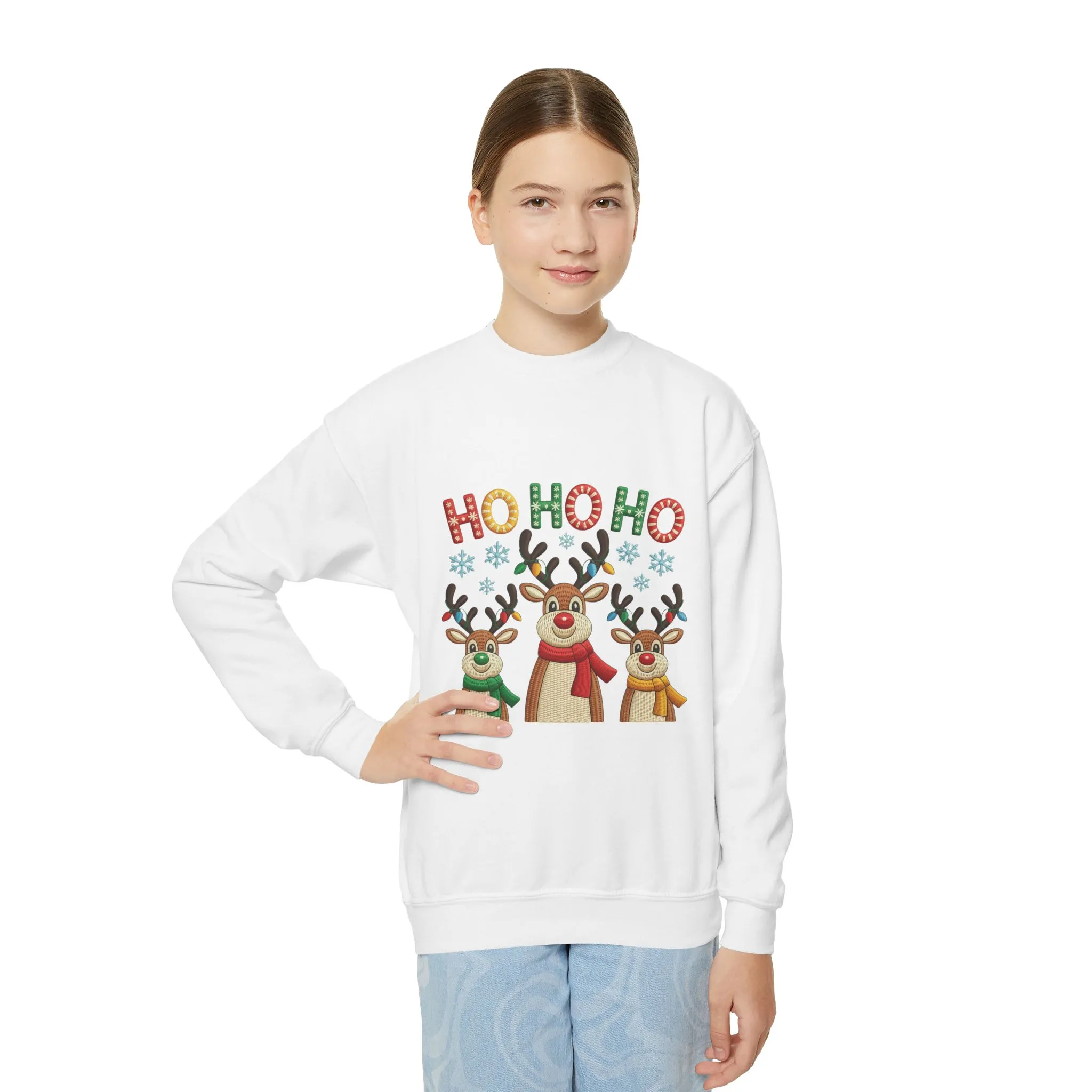 Ho Ho Ho Reindeer Sweatshirt for Girls, Cute Kids Christmas Pullover - Image 6