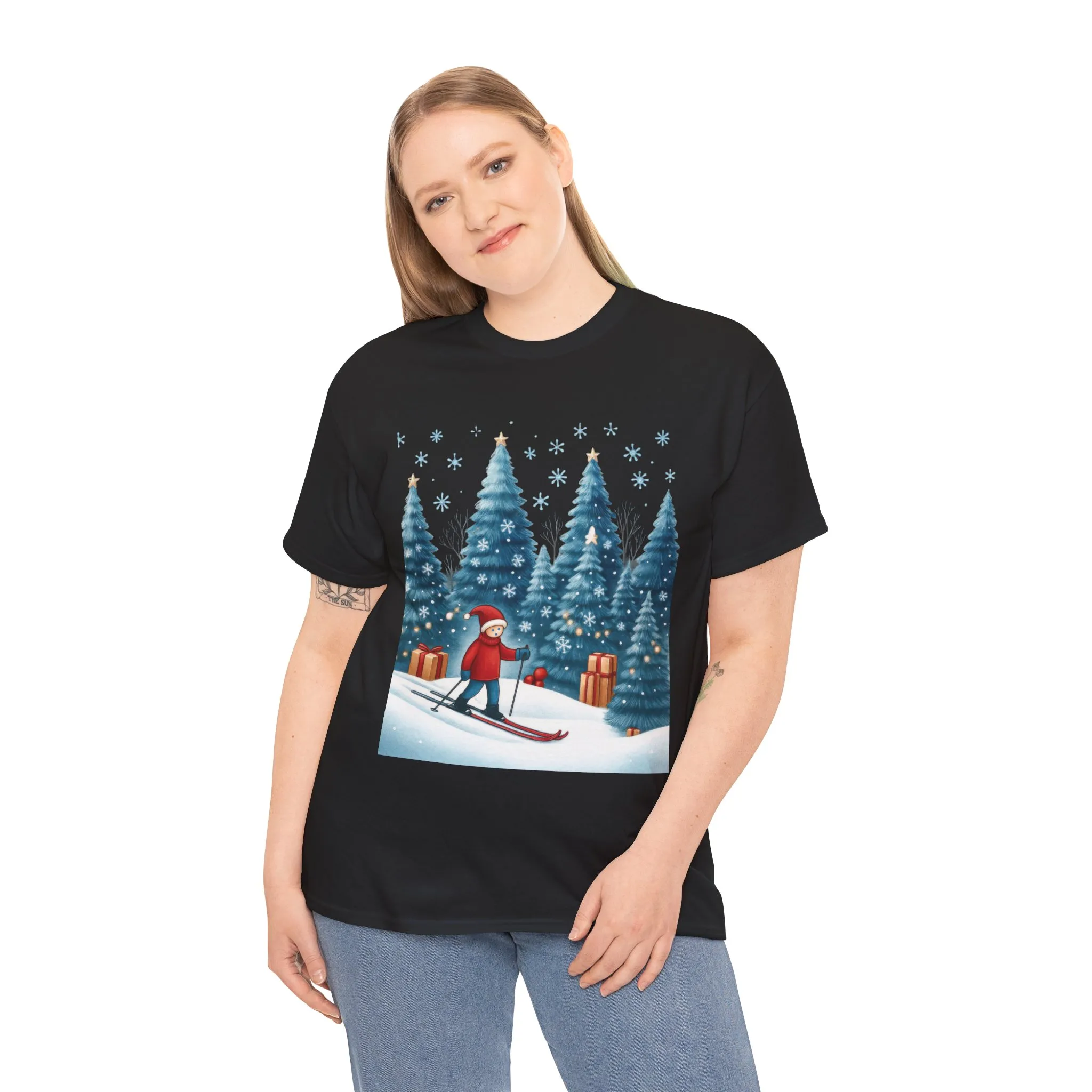 Womens Cute Winter Holiday Graphic Tee, Christmas Skiing T-Shirt, Women's Heavy Cotton Tee - Image 6