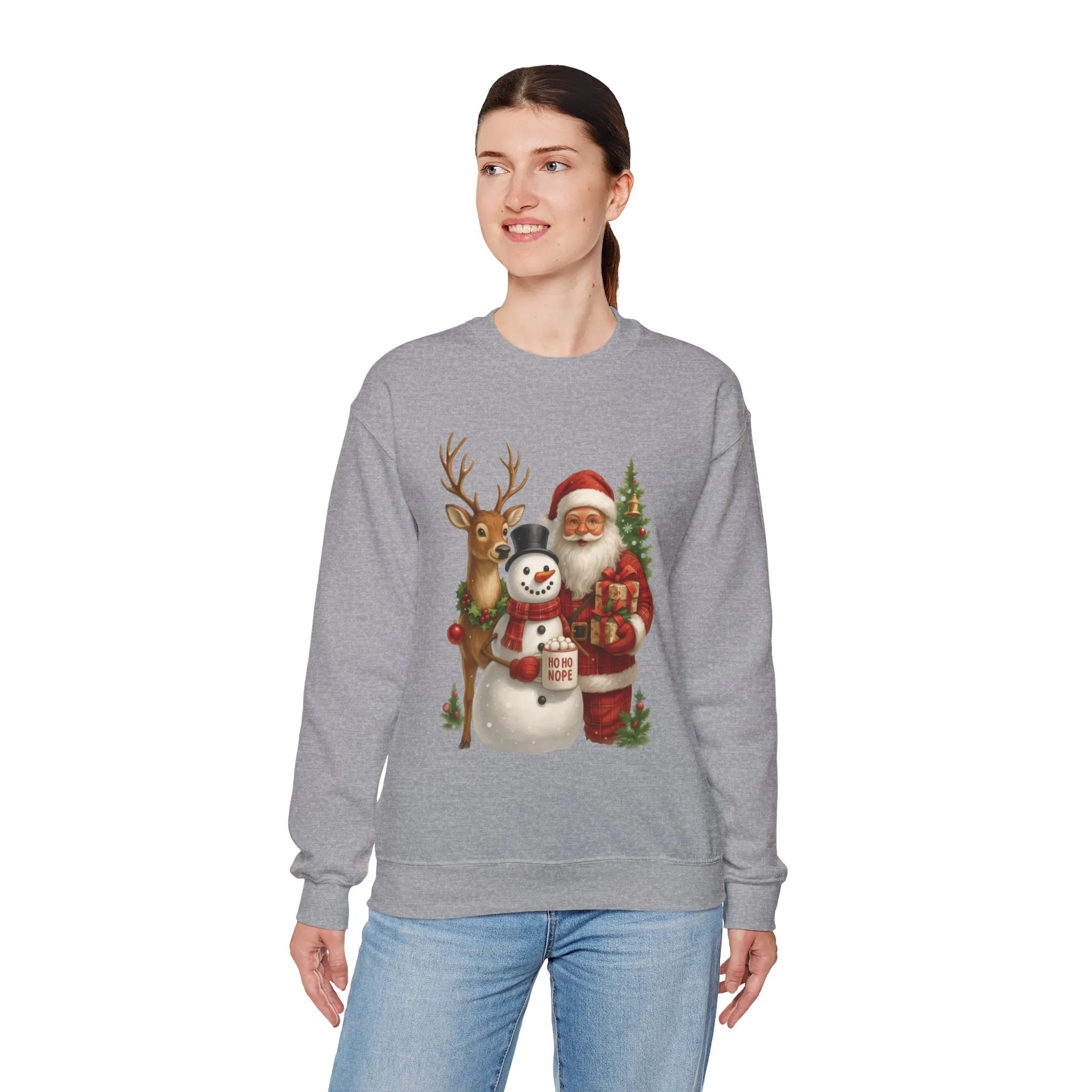Santa, Snowman - Reindeer Christmas Sweatshirt, Funny Ho Ho Nope Holiday Sweater, Cute Vintage Christmas Jumper for Women - Image 12