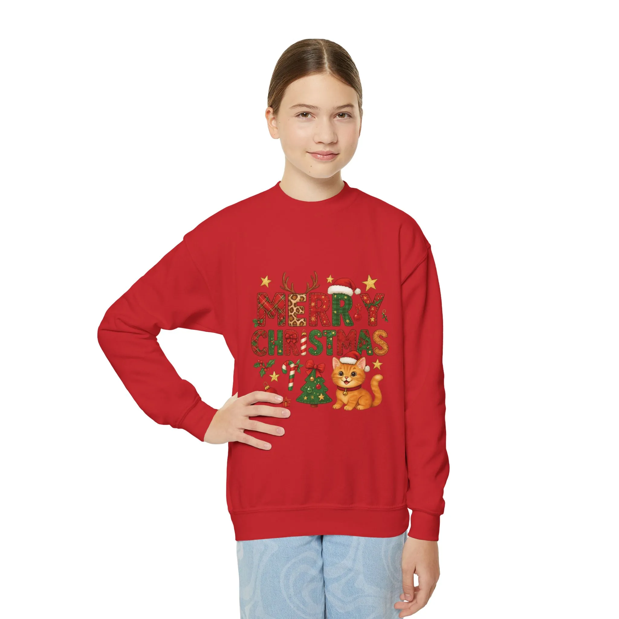 Merry Christmas Cat Sweatshirt for Girls, Cozy Holiday Kitten Jumper, Youth Crewneck Sweatshirt - Image 23