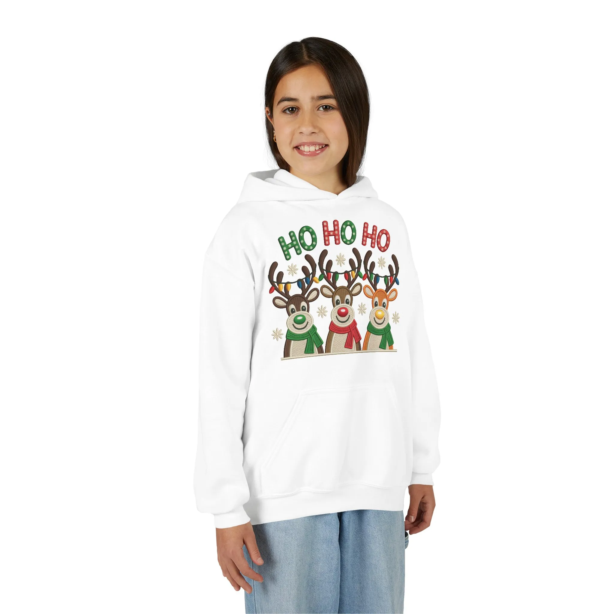 Ho Ho Ho Reindeer Hoodie for Girls, Cute Christmas Holiday Kids Pullover, Youth Hooded Sweatshirt - Image 6