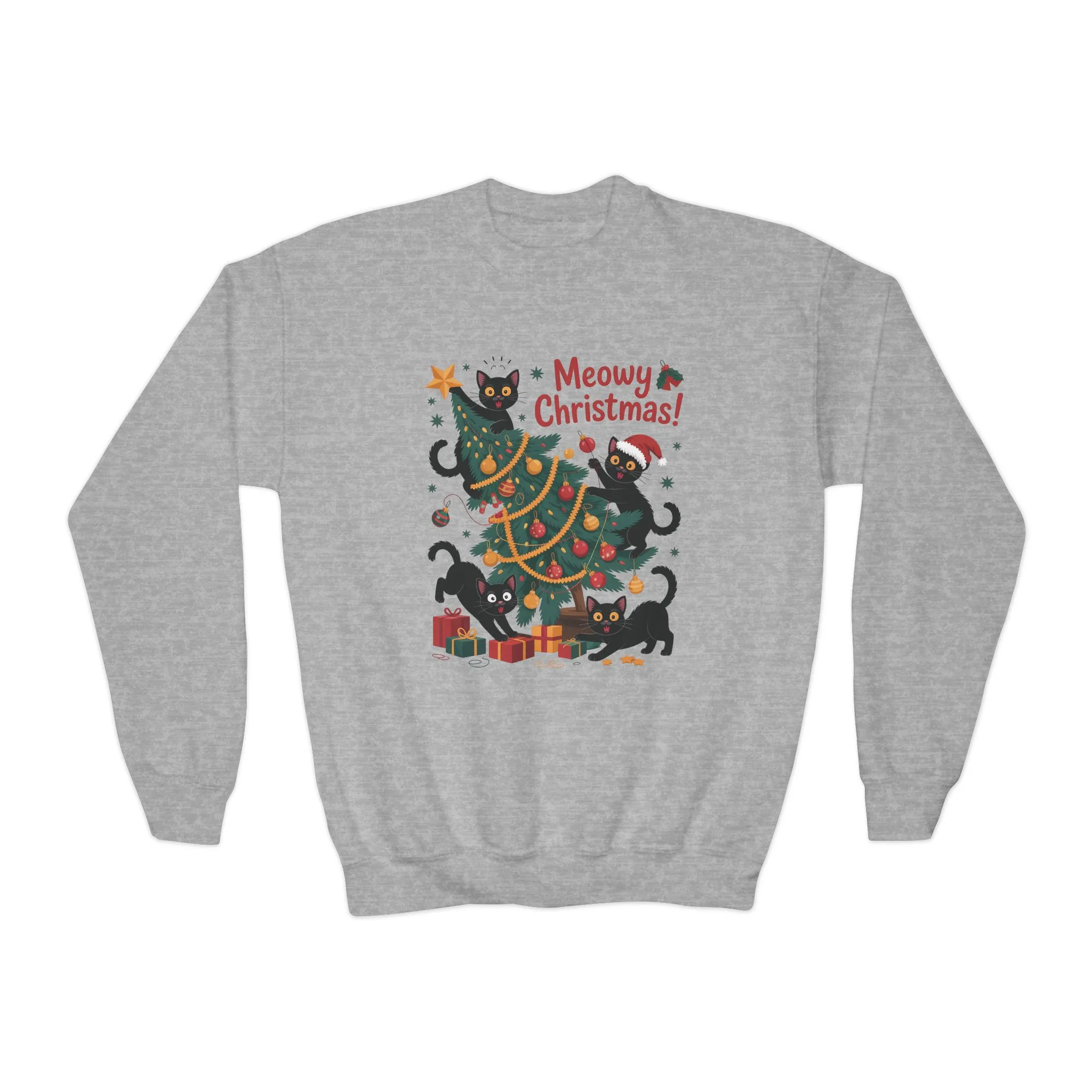 Kids Black Cats Christmas Tree Sweatshirt, Cute Funny Cat Holiday Jumper, Christmas Cat Chaos Pullover - Image 5
