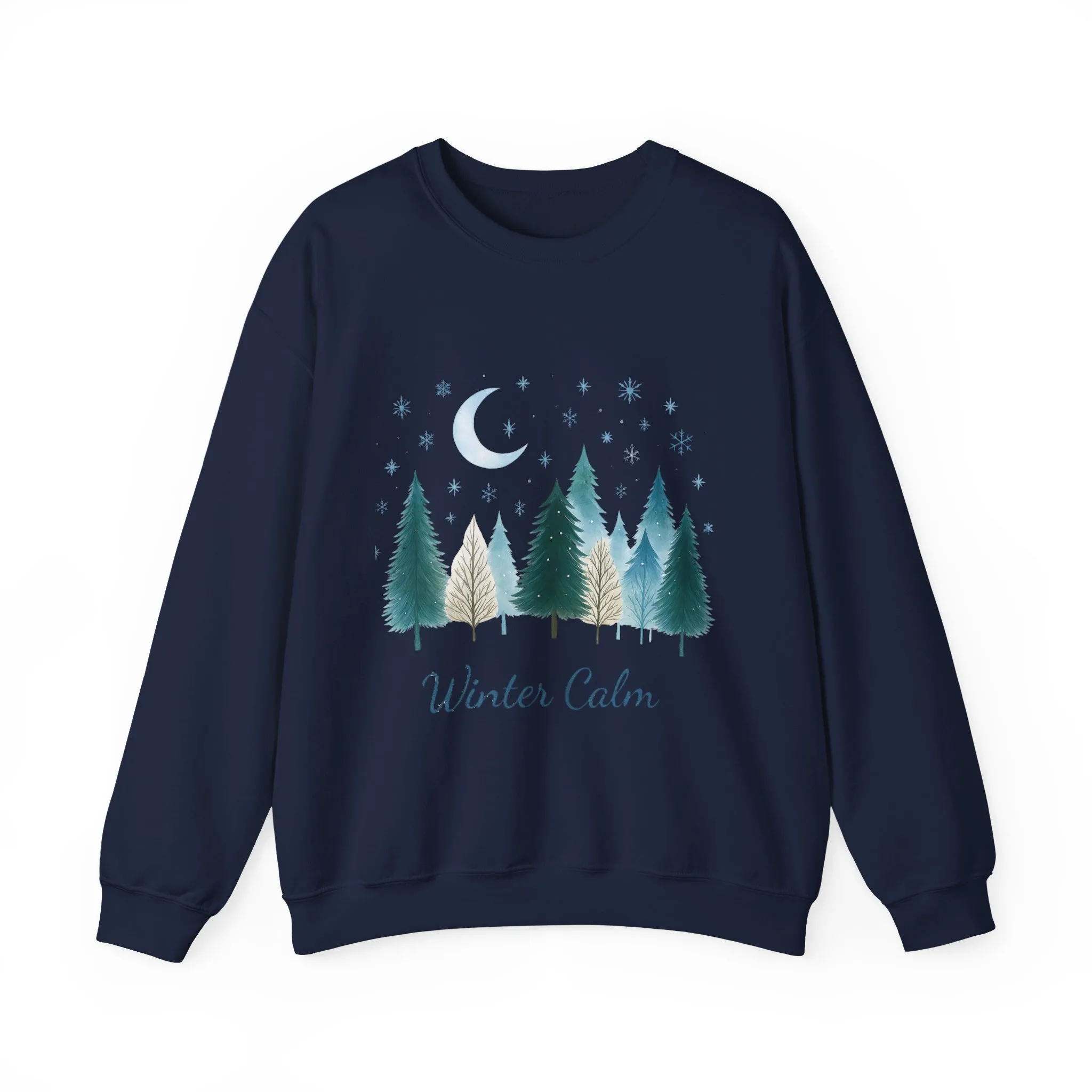 Winter Calm Sweatshirt, Minimalist Christmas Forest Pullover, Serene Winter Moon Scene Sweater for Women - Image 19