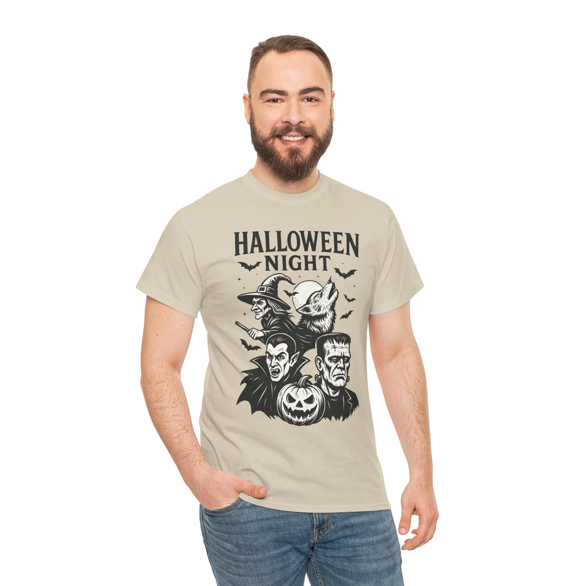 Halloween Night Men's T-Shirt, Classic Monsters Graphic Tee, Witch, Vampire, Frankenstein, Werewolf - Image 5