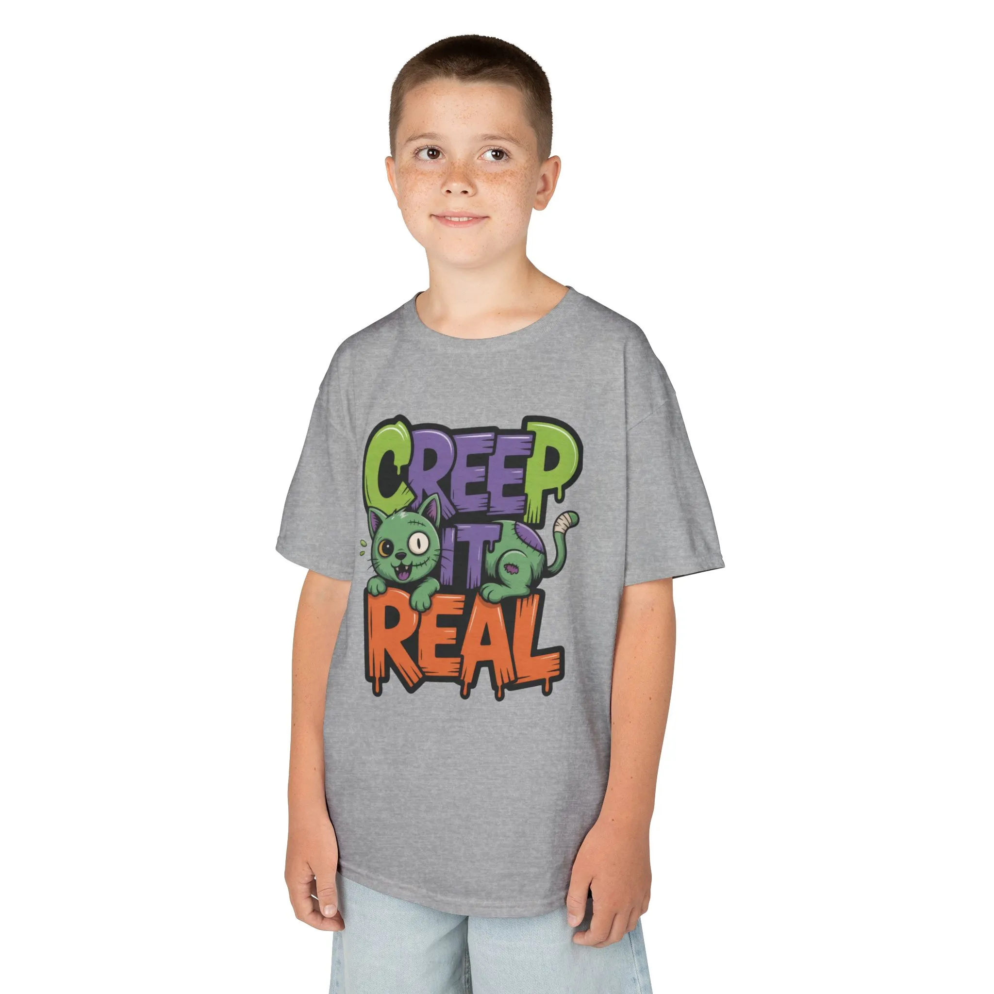 Creep It Real Kids Halloween Shirt, Cute Zombie Cat Graffiti Style T-Shirt for Boys & Girls - Image 9