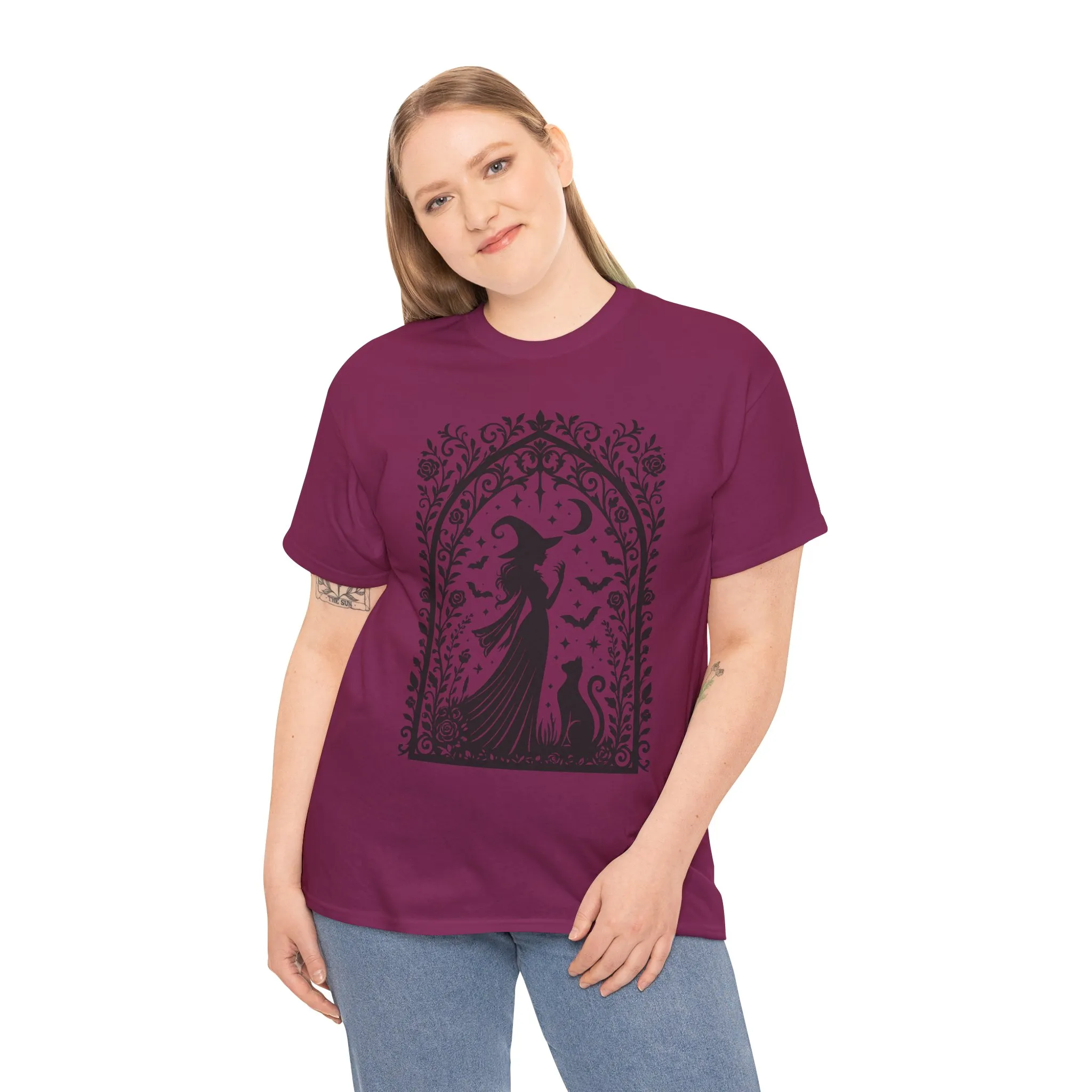 Gothic Witch & Cat Women's T-Shirt, Elegant Halloween Moon Silhouette Witchy Graphic Tee - Image 24