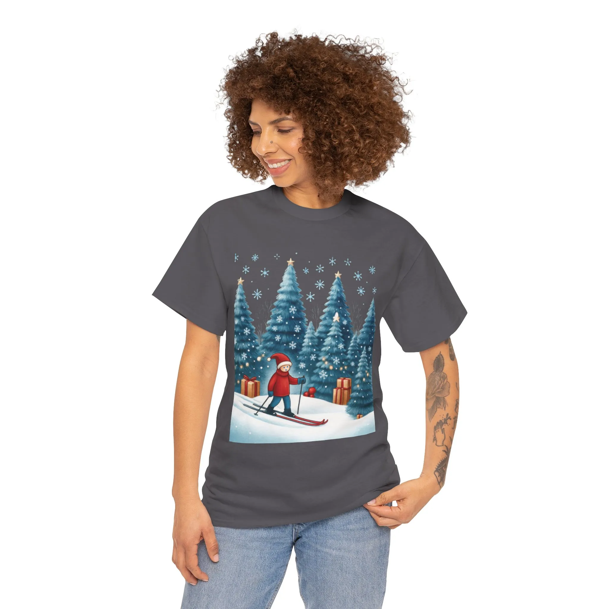 Womens Cute Winter Holiday Graphic Tee, Christmas Skiing T-Shirt, Women's Heavy Cotton Tee - Image 8