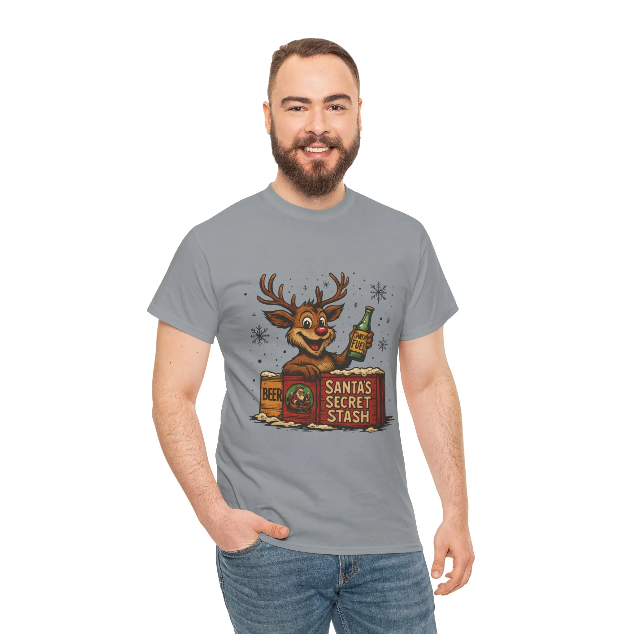 Men's Funny Christmas T-Shirt, Santa's Secret Stash Reindeer Tee - Image 8