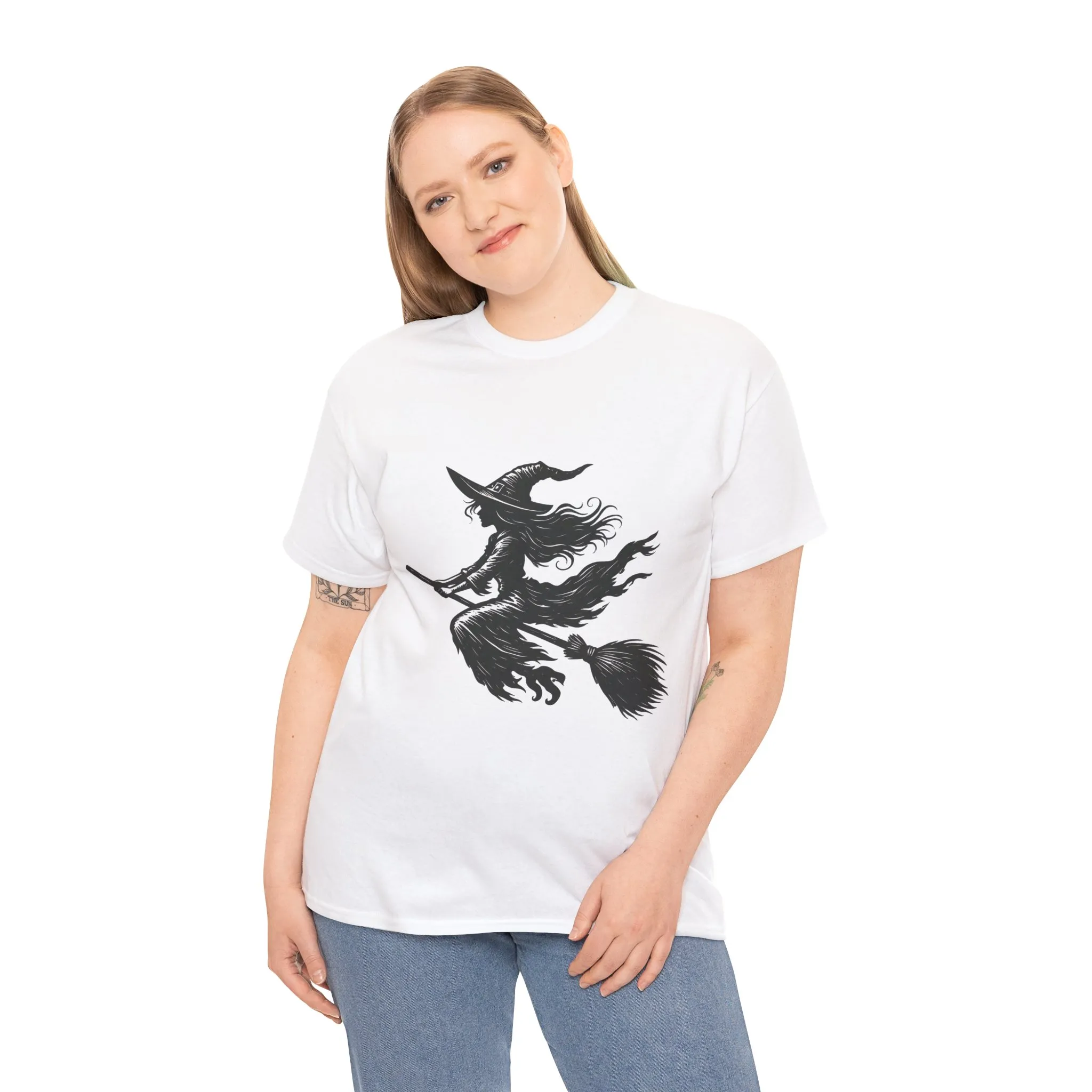 Flying Witch Silhouette Halloween T-Shirt for Women, Vintage Witch on Broom Tee, Spooky Gothic Fall Shirt, Minimal Black Witch Top - Image 6