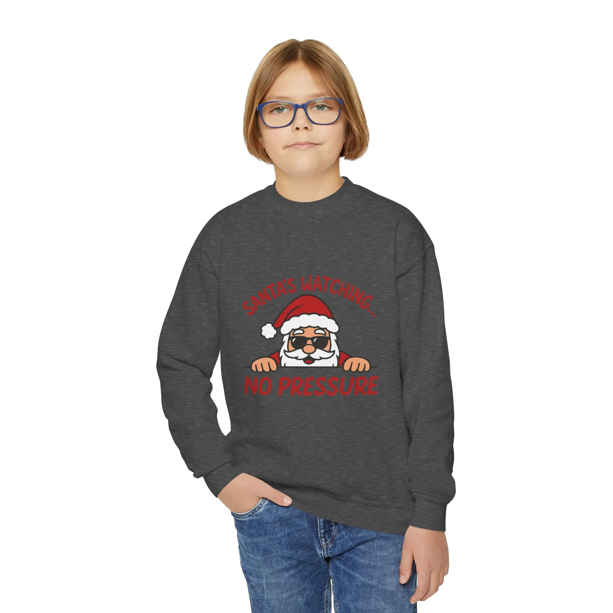 Santa's Watching No Pressure Kids Christmas Sweatshirt, Funny Holiday Jumper for Youth - Image 11