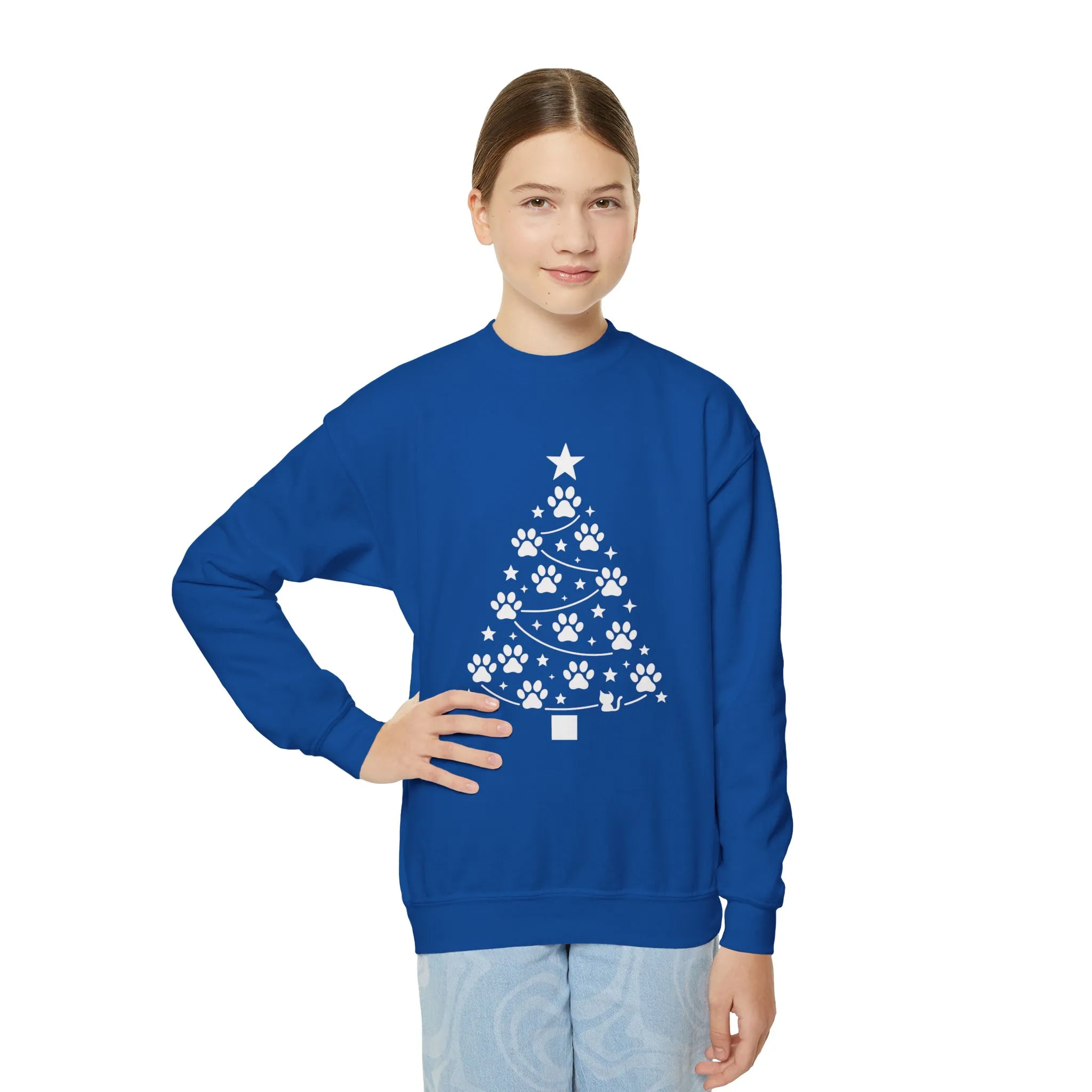 Paw Christmas Tree Girls Youth Sweatshirt, Cute Pet Lover Holiday Sweater - Image 10