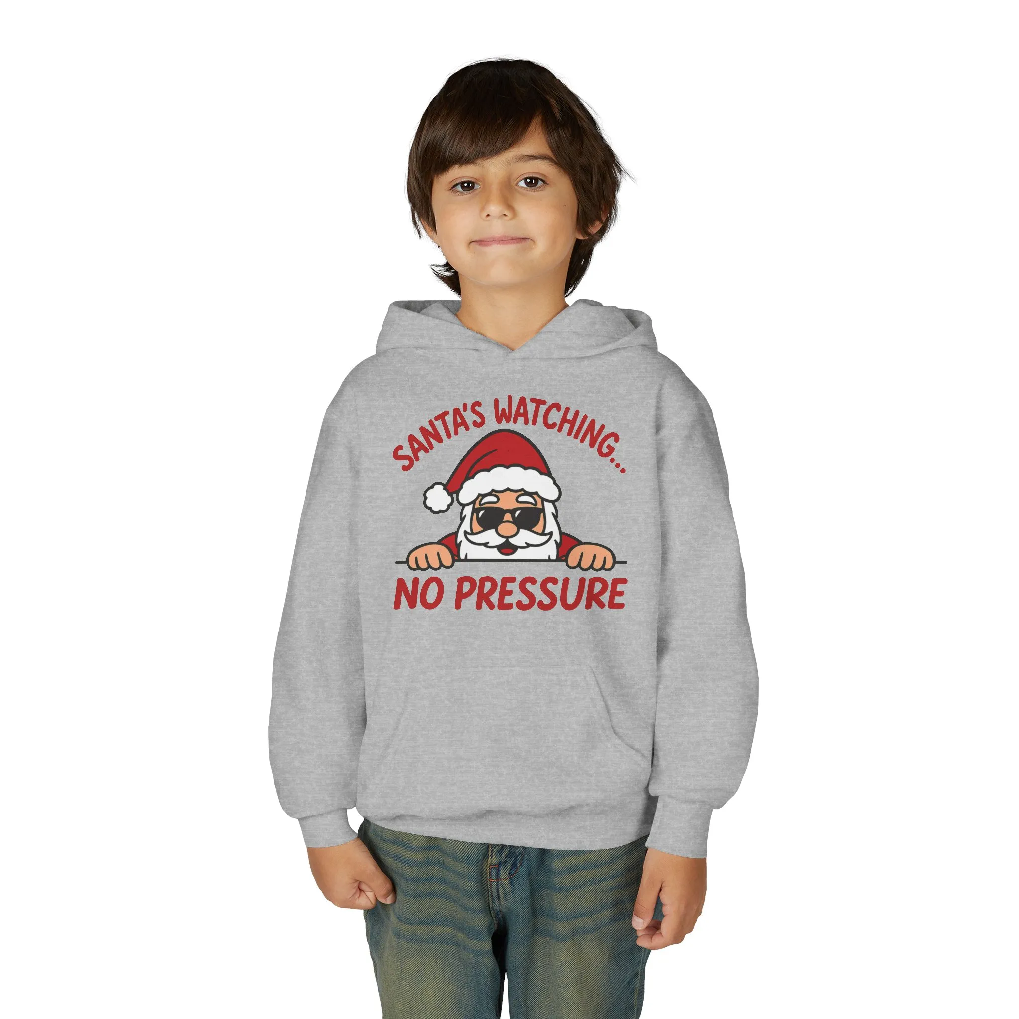 Santa's Watching No Pressure Kids Christmas Hoodie, Funny Holiday Sweatshirt for Youth - Image 2