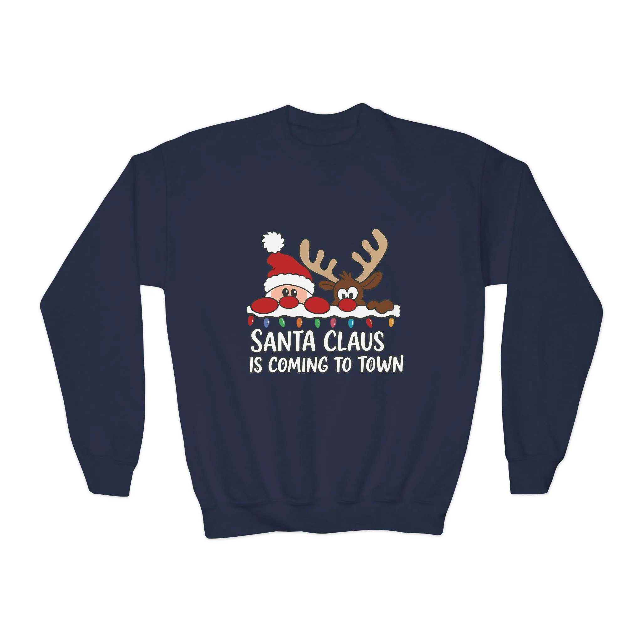 Santa Claus Is Coming to Town Kids Christmas Sweatshirt, Cute Santa - Reindeer Holiday Jumper - Image 2