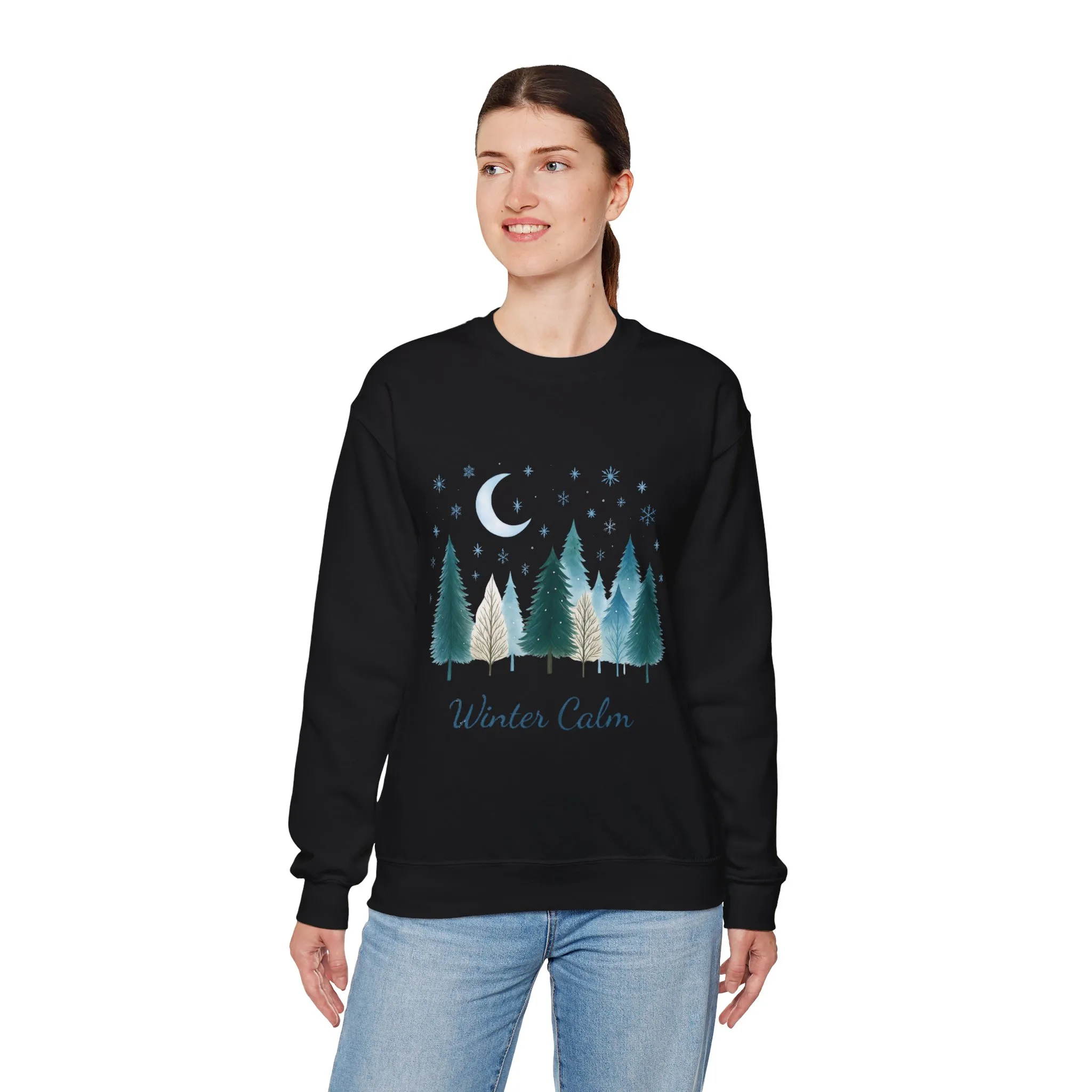 Winter Calm Sweatshirt, Minimalist Christmas Forest Pullover, Serene Winter Moon Scene Sweater for Women - Image 9