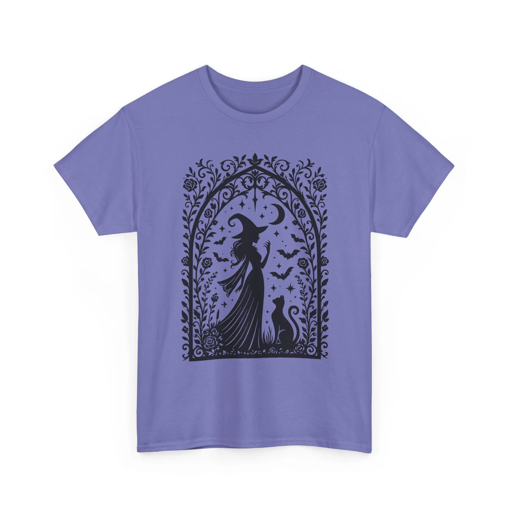 Gothic Witch & Cat Women's T-Shirt, Elegant Halloween Moon Silhouette Witchy Graphic Tee - Image 19