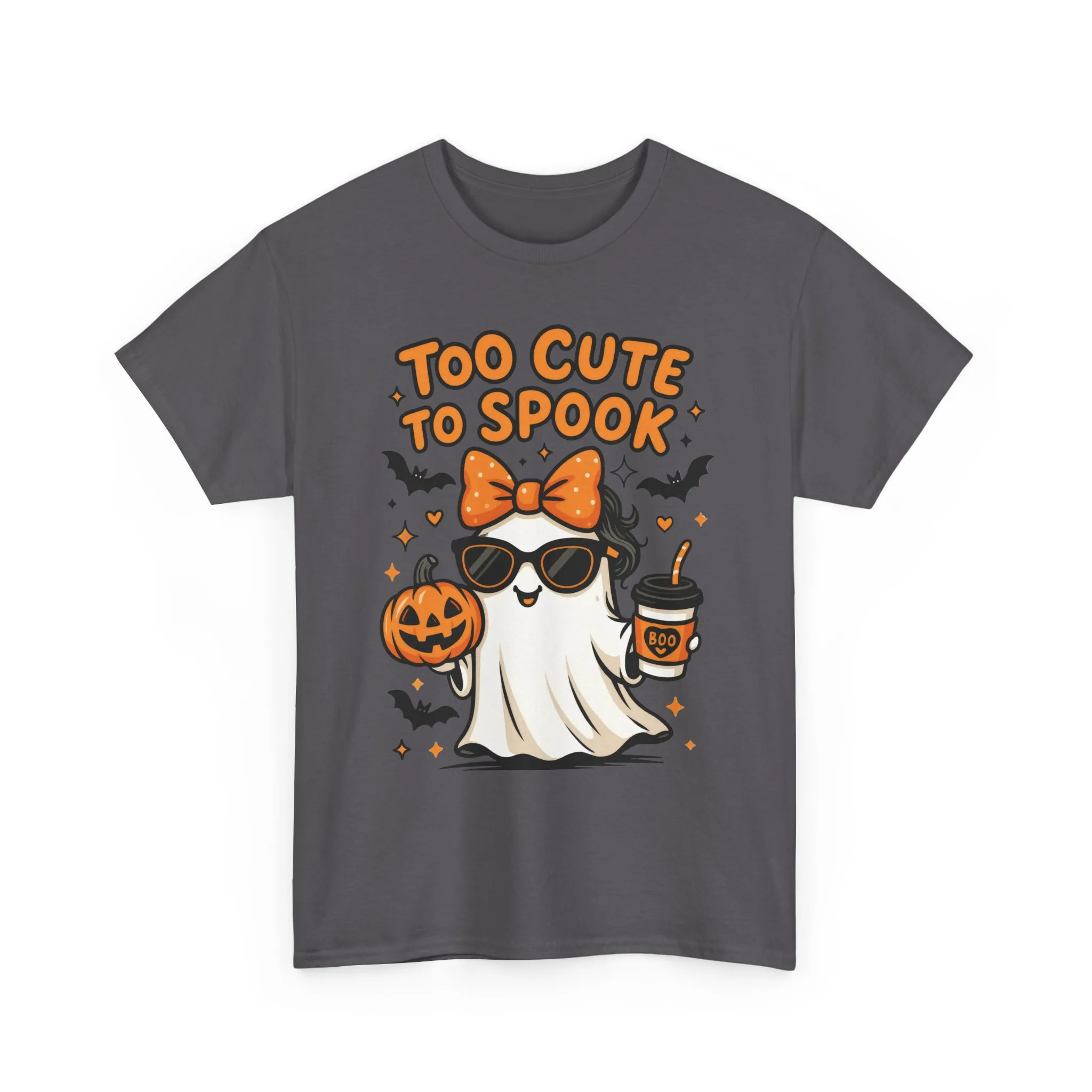 Too Cute To Spook Women's T-Shirt, Cute Ghost Pumpkin Coffee Halloween Graphic Tee - Image 13