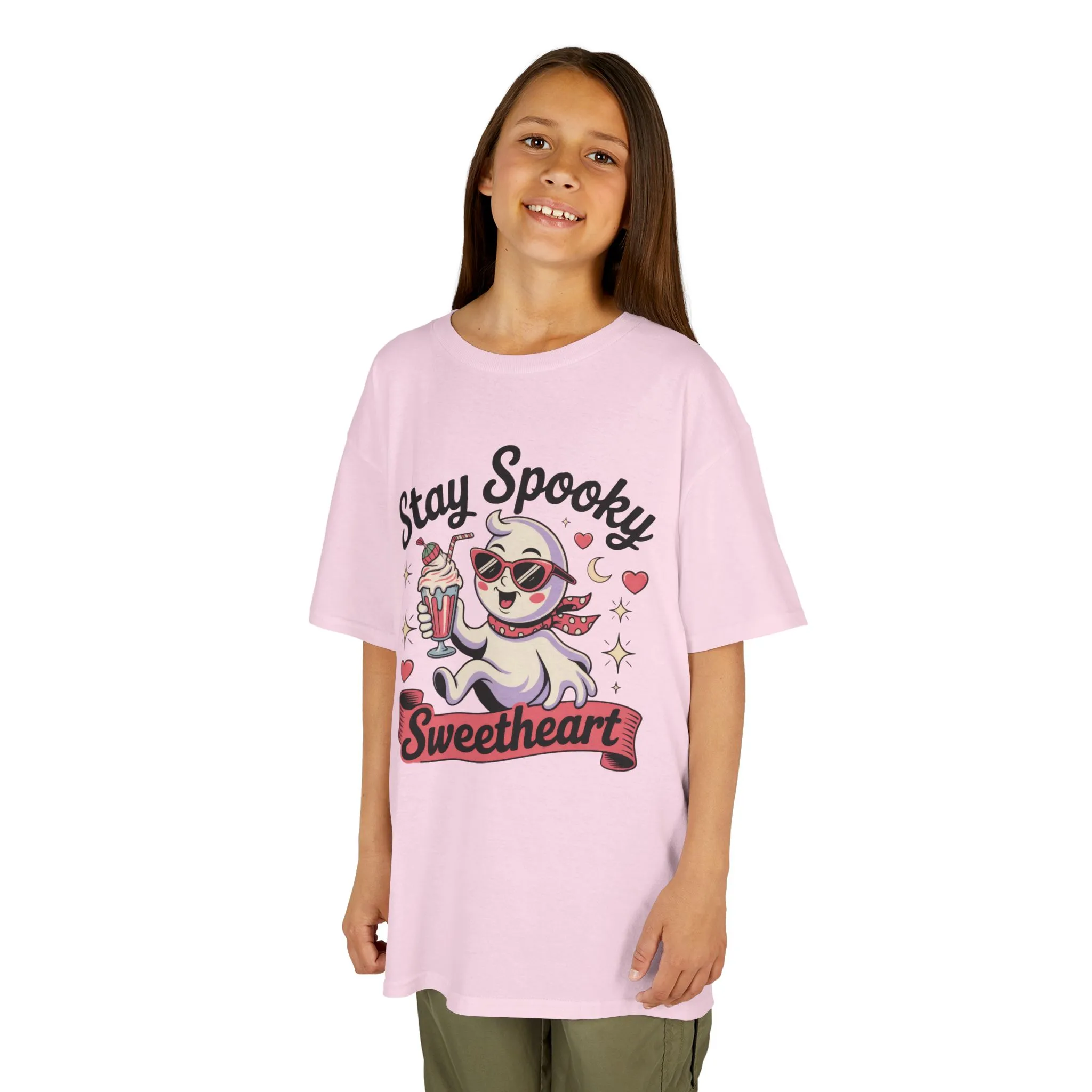 Girls Halloween Ghost T-Shirt, Stay Spooky Sweetheart Tee for Kids, Cute Retro Style Tween Girl Outfit Gift, Kids Heavy Cotton⢠Tee