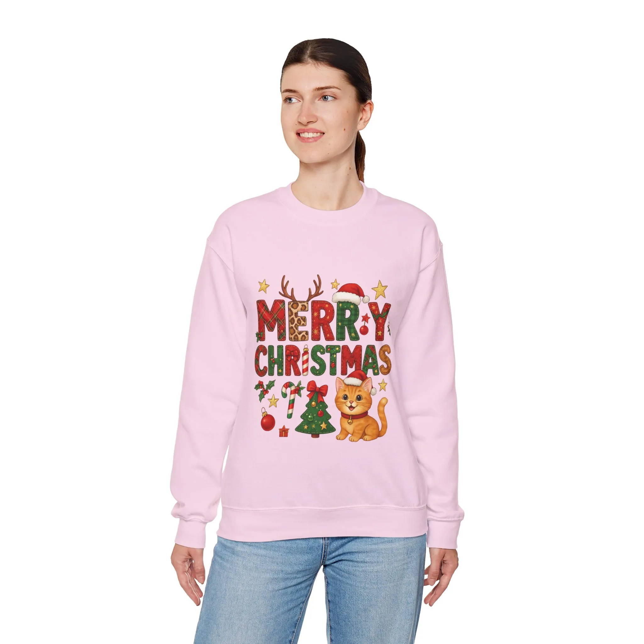 Women's Merry Christmas Cat Sweatshirt, Cozy Holiday Cat Lover Pullover, Women's Heavy Blend™ Crewneck Sweatshirt - Image 21
