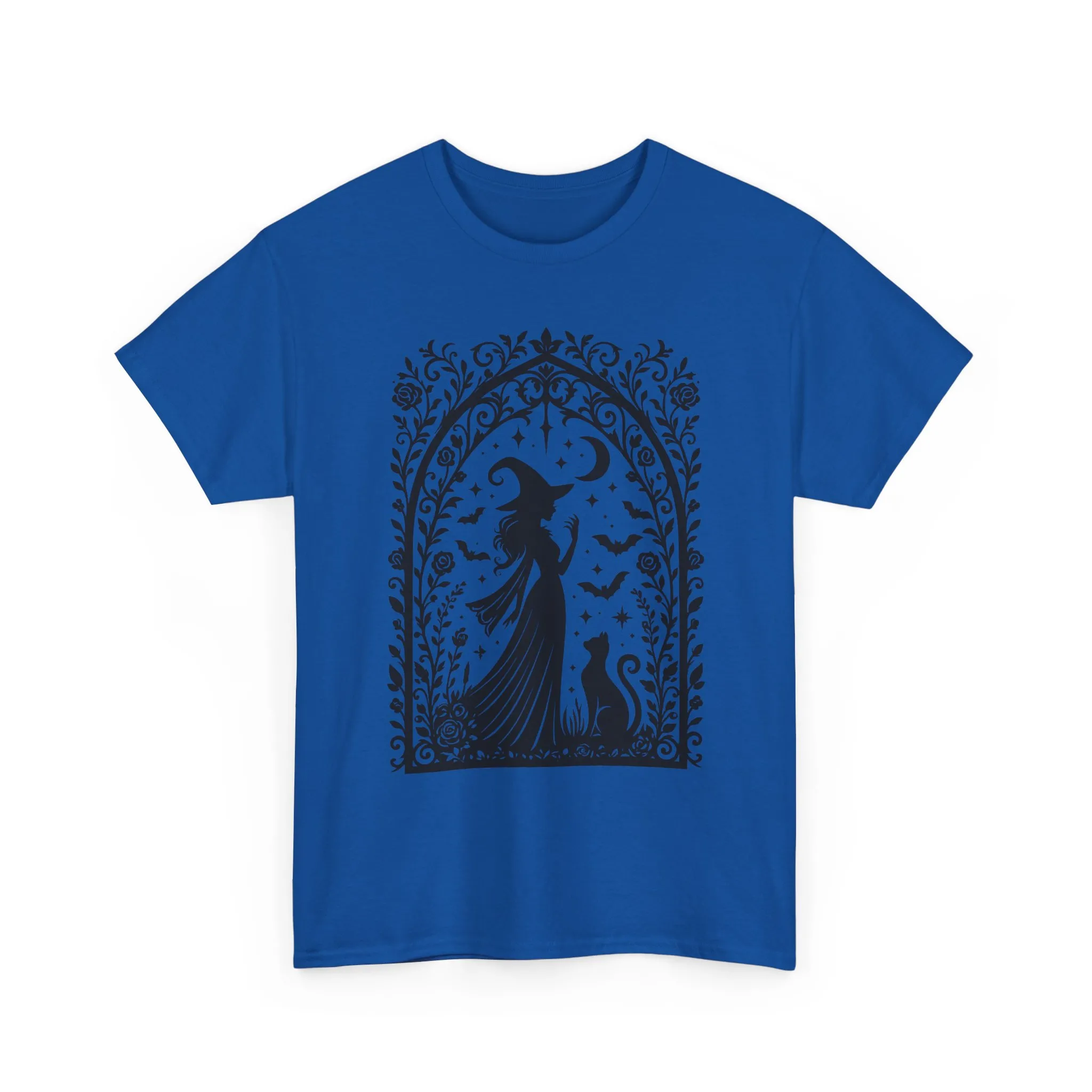 Gothic Witch & Cat Women's T-Shirt, Elegant Halloween Moon Silhouette Witchy Graphic Tee - Image 16