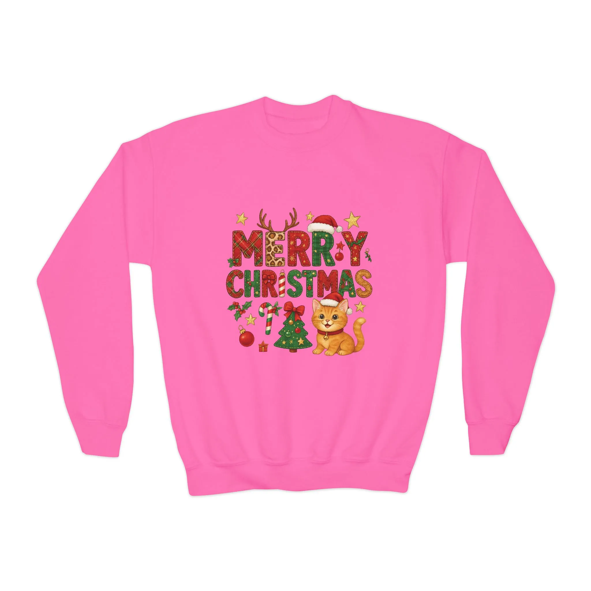 Merry Christmas Cat Sweatshirt for Girls, Cozy Holiday Kitten Jumper, Youth Crewneck Sweatshirt - Image 19