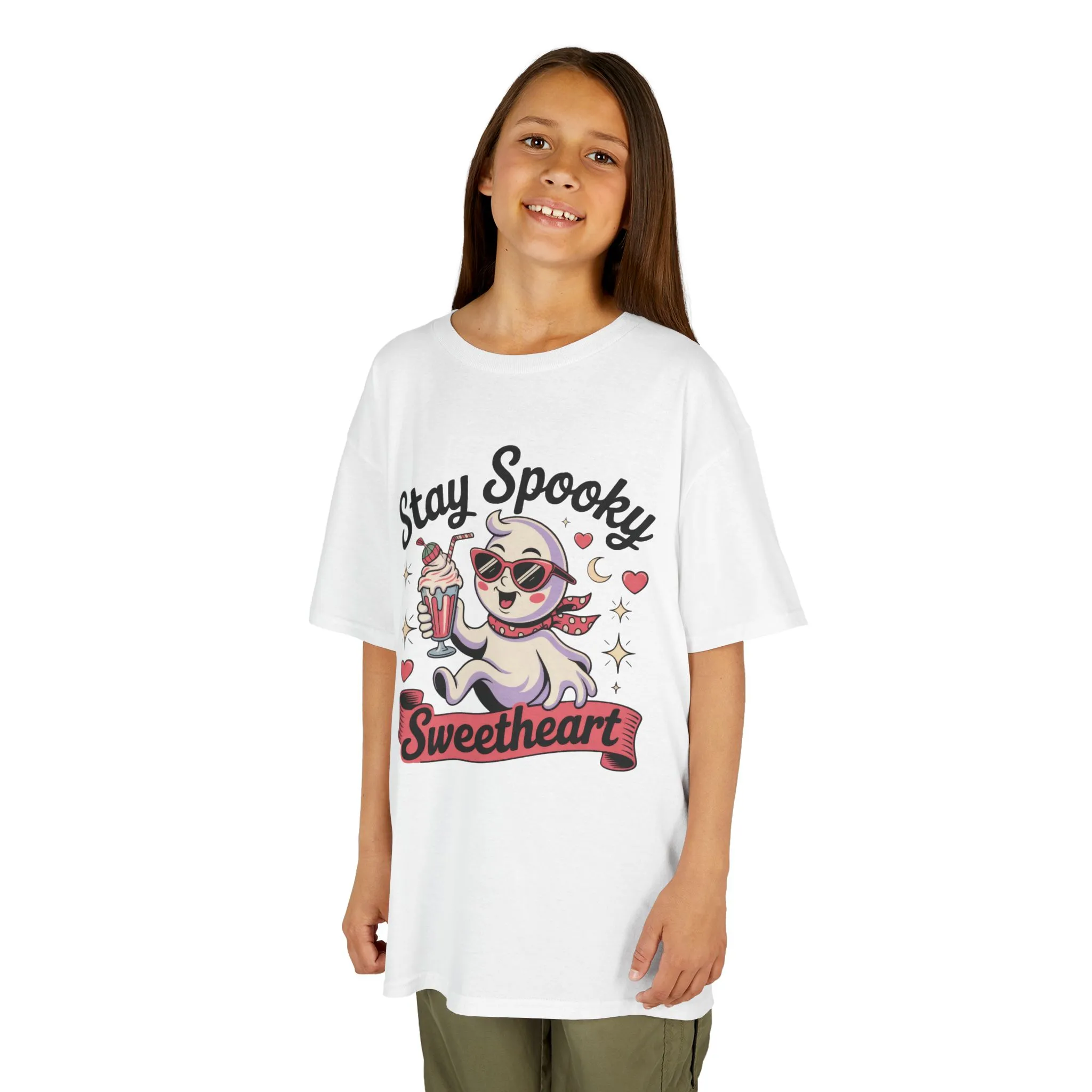 Girls Halloween Ghost T-Shirt, Stay Spooky Sweetheart Tee for Kids, Cute Retro Style Tween Girl Outfit Gift, Kids Heavy Cotton⢠Tee - Image 4