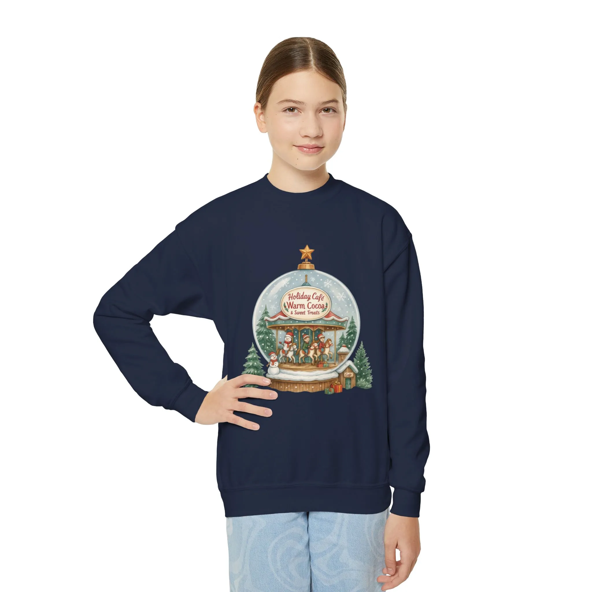 Youth Holiday Café Christmas Sweatshirt, Warm Cocoa Snow Globe Jumper - Image 12